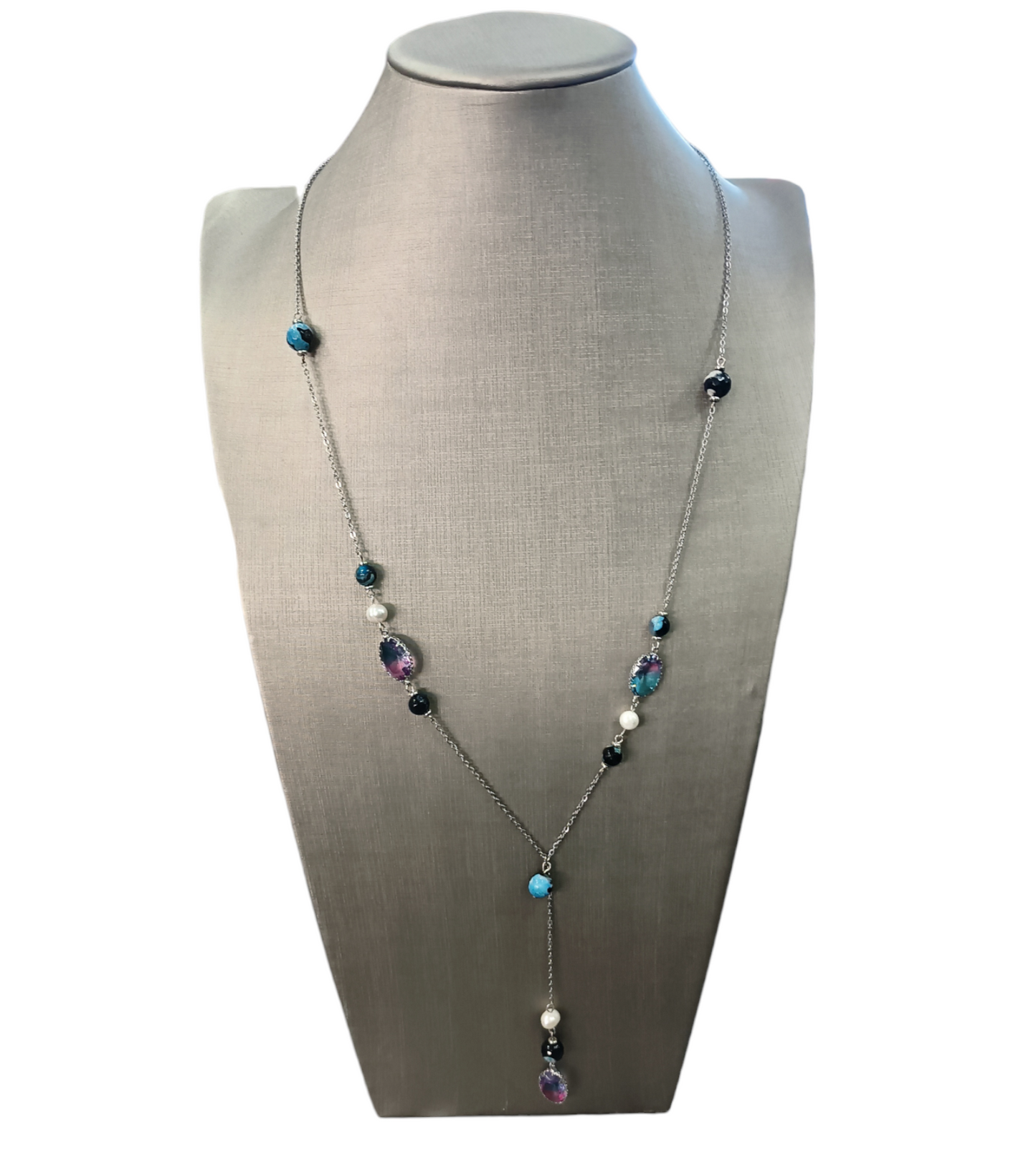 Collana Donna Lunga in Acciaio Inossidabile e Pietre Dure