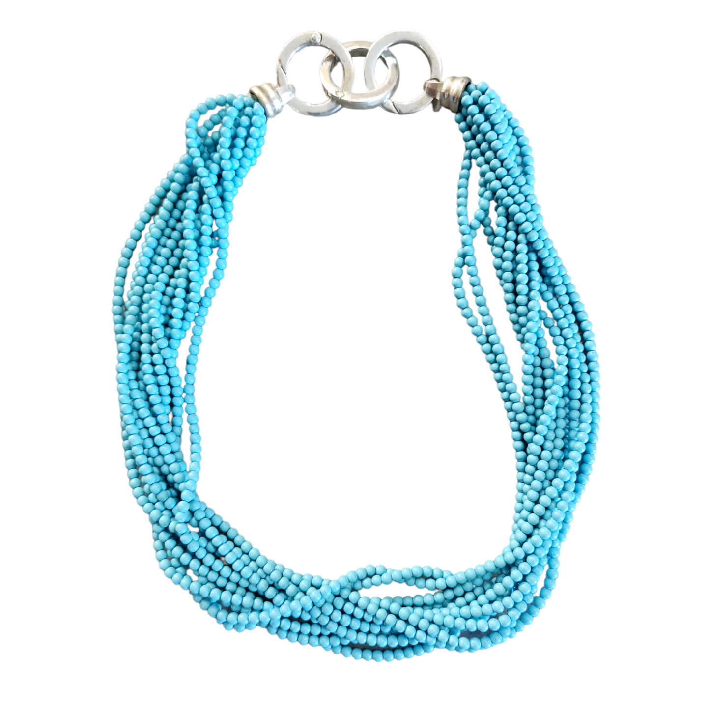Collana Girocollo Multi filo con Perline Celesti e Chiusura con Tre Anelli Argentati