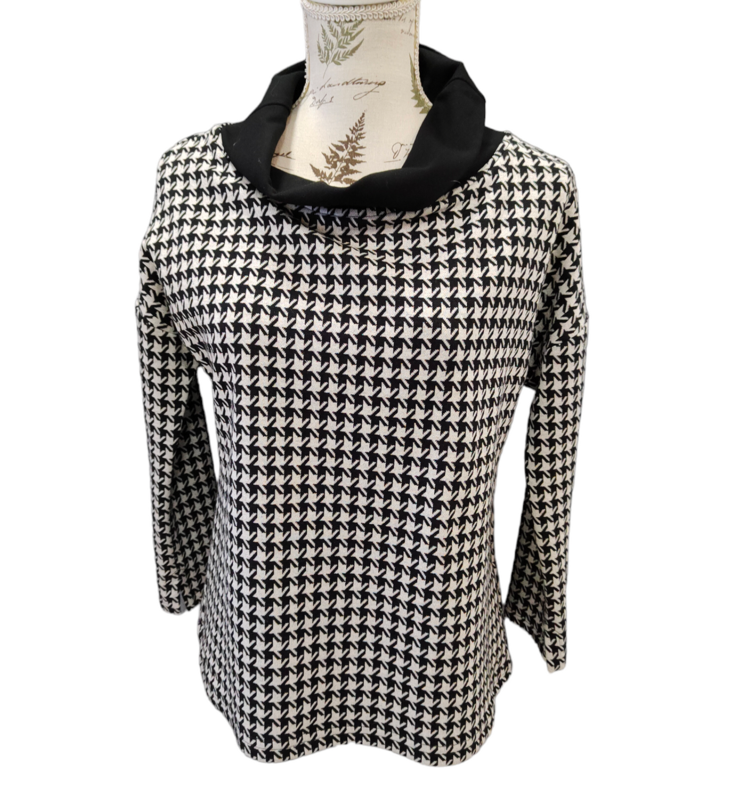 Blusa Donna Fantasia Pied de Poule con Collo ad Anello Modello a Trapezio
