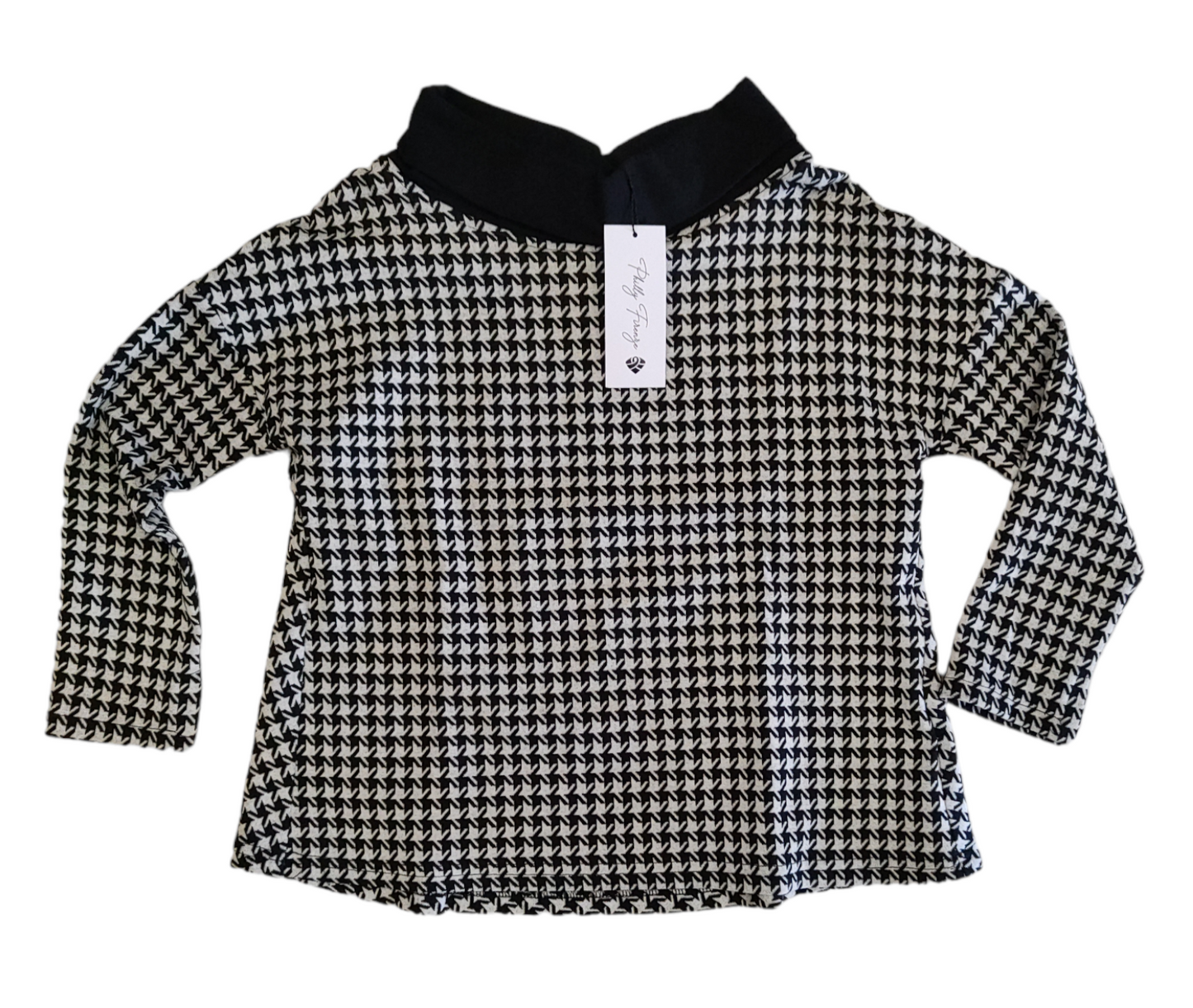 Blusa Donna Fantasia Pied de Poule con Collo ad Anello Modello a Trapezio