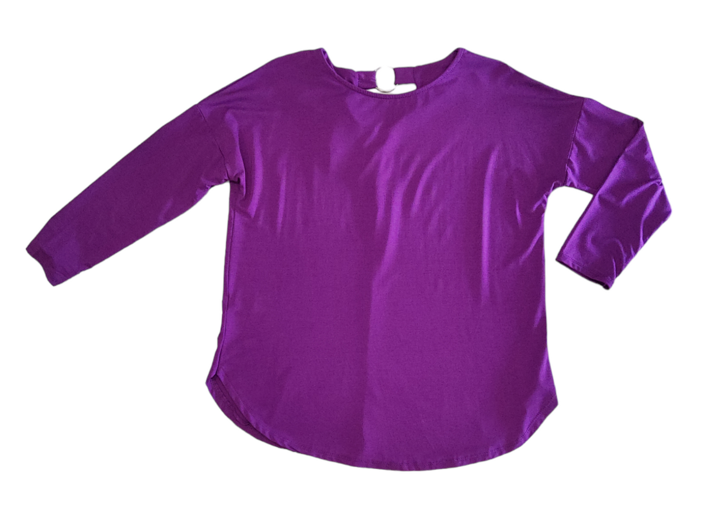 Maglia T-Shirt Donna in Viscosa Manica Lunga Tinta Unita con Scollatura sul Retro e Anello di Decorazione