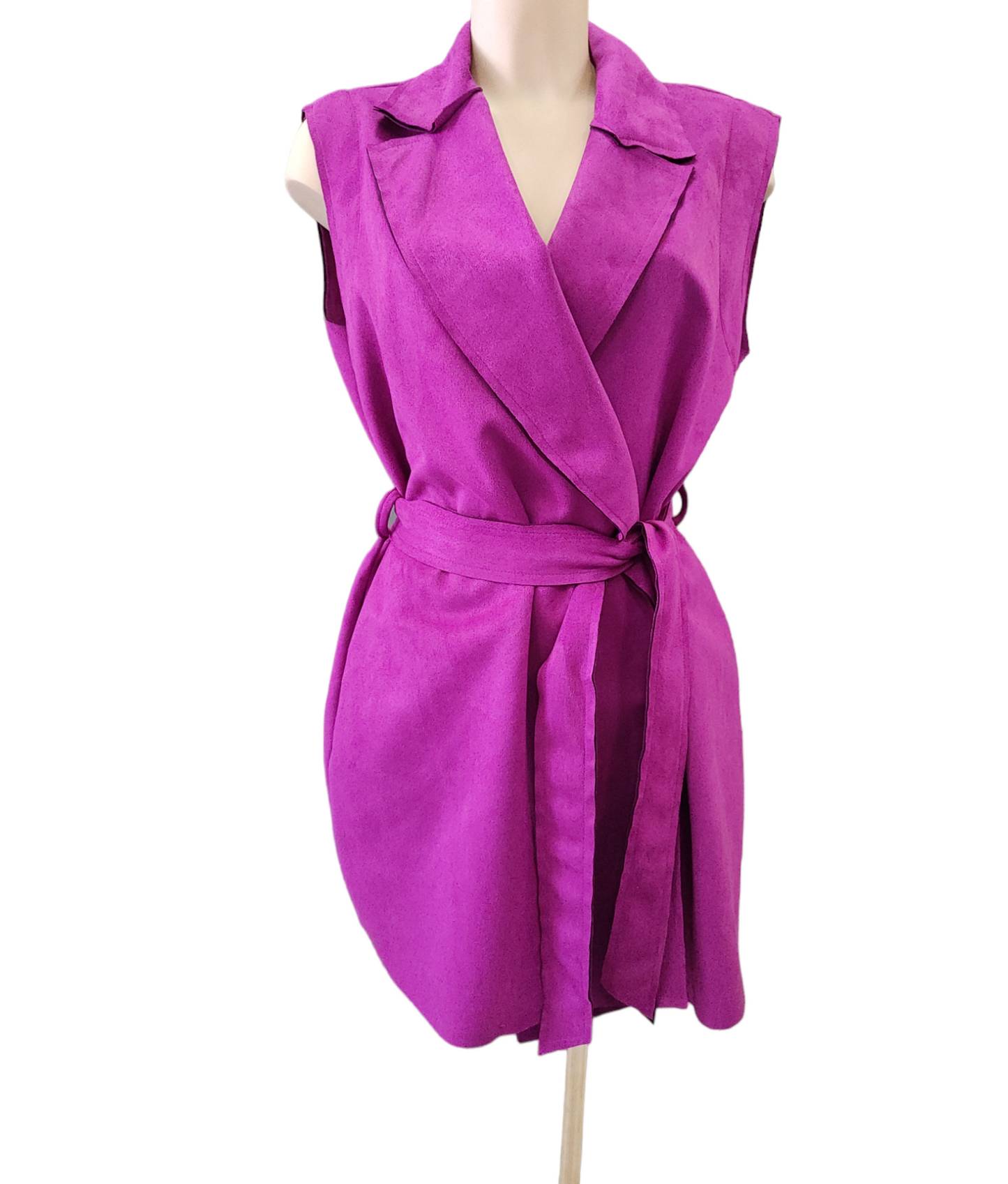 Gilet Donna Curvy in tessuto Scamosciato con Taglio Vivo senza Bottoni con Cinta
