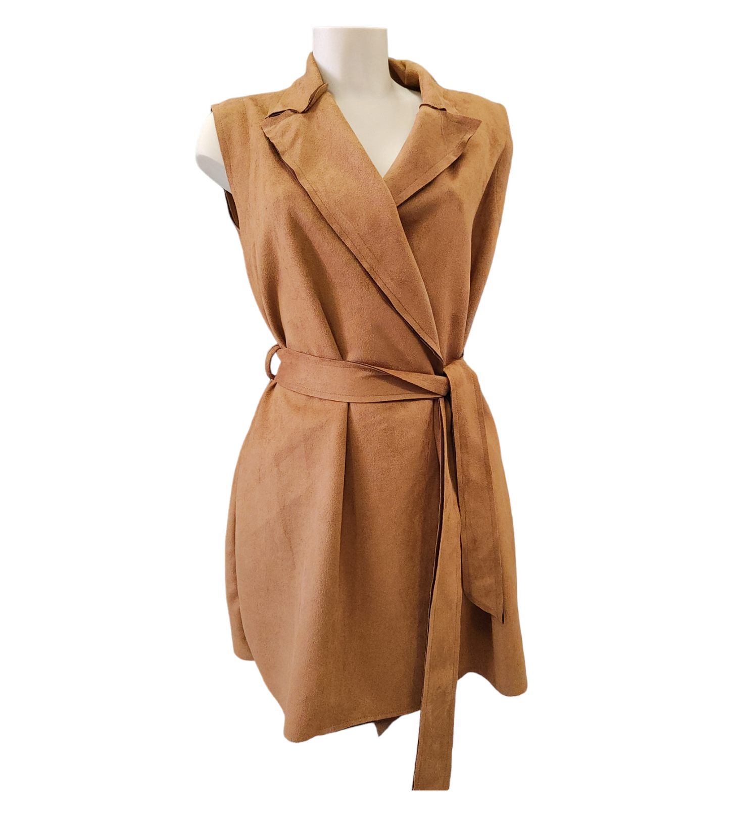 Gilet Donna Curvy in tessuto Scamosciato con Taglio Vivo senza Bottoni con Cinta
