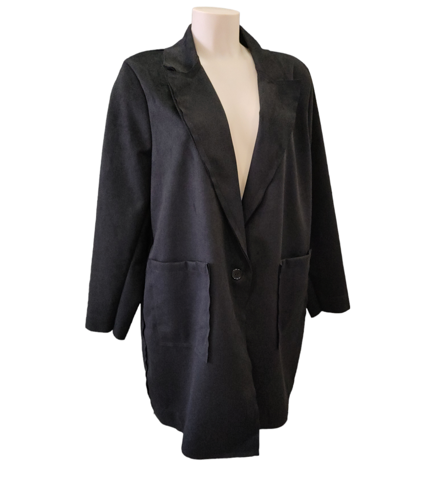 Giacca Donna Curvy in Tessuto Scamosciato in Taglio Vivo con Tasche a Toppa Collo Sciallato