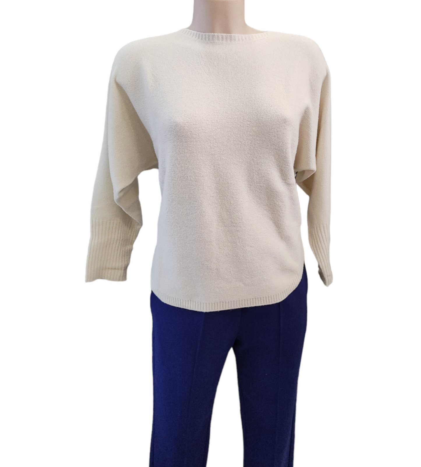 Maglia Donna Panna Maglioncino Girocollo in Misto Viscosa con Polsino Alto e Manica a Kimono