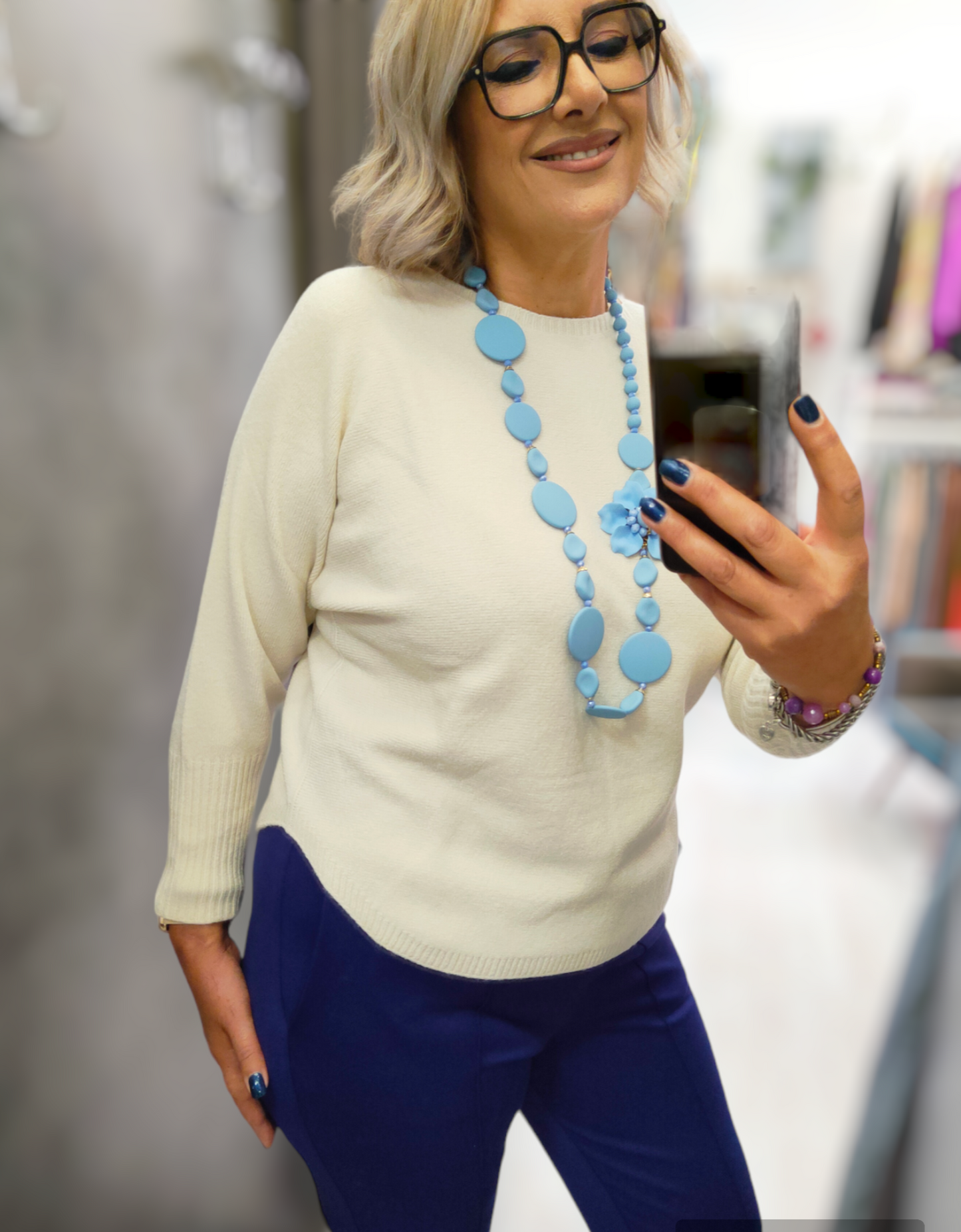 Maglia Donna Panna Maglioncino Girocollo in Misto Viscosa con Polsino Alto e Manica a Kimono