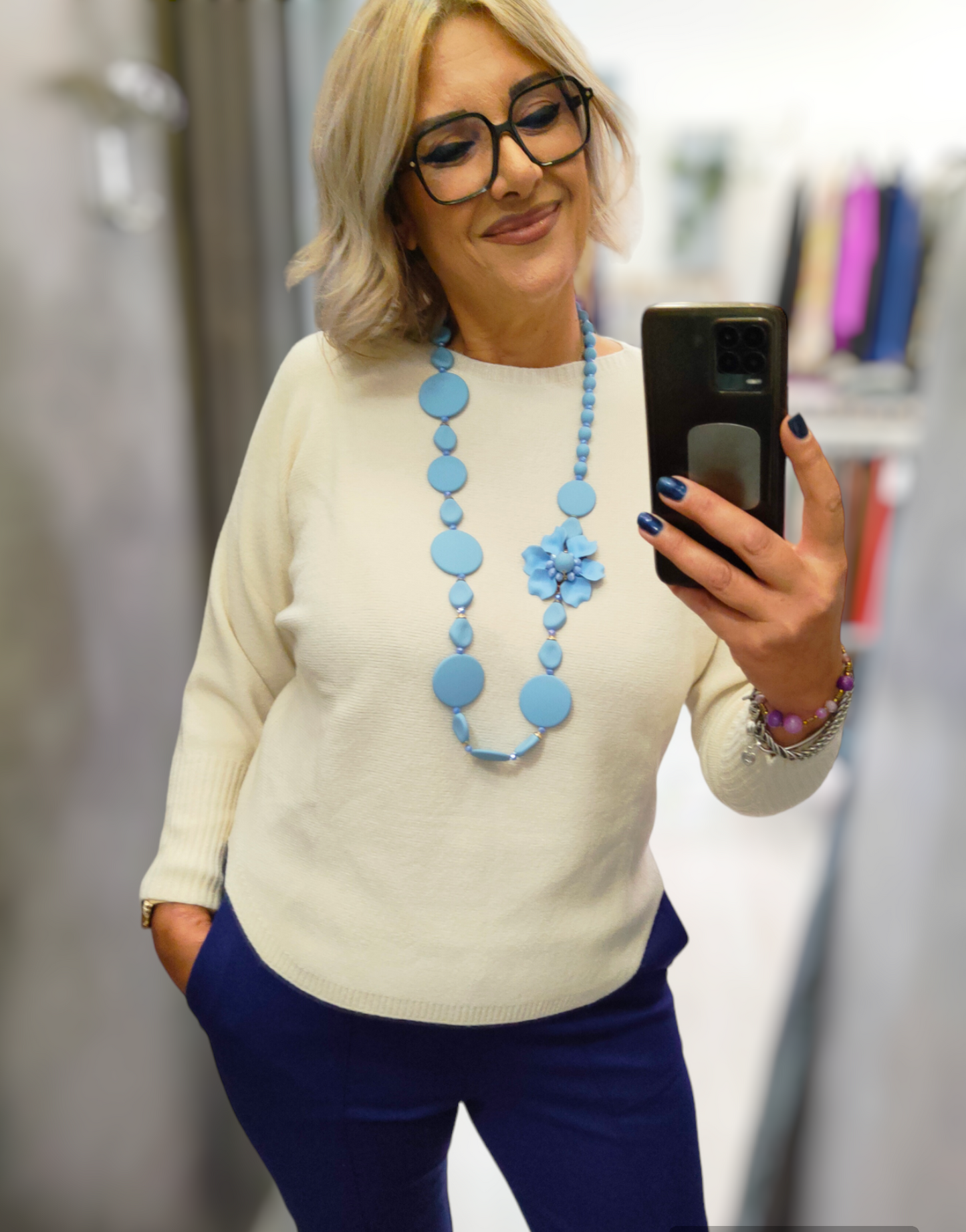 Maglia Donna Panna Maglioncino Girocollo in Misto Viscosa con Polsino Alto e Manica a Kimono