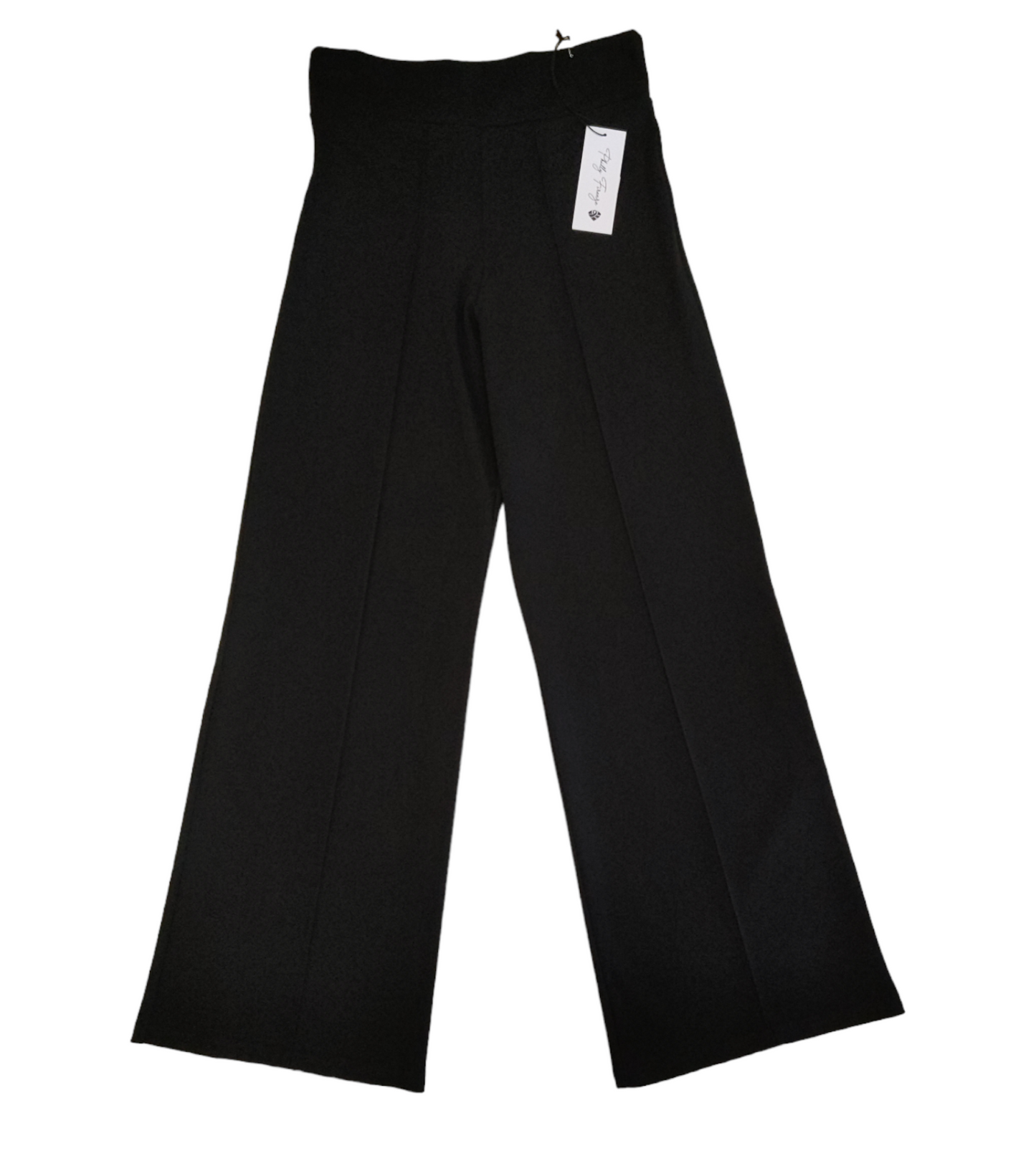 Pantalone Nero Donna Palazzo con Cucitura sulla Piega Cintura Alta
