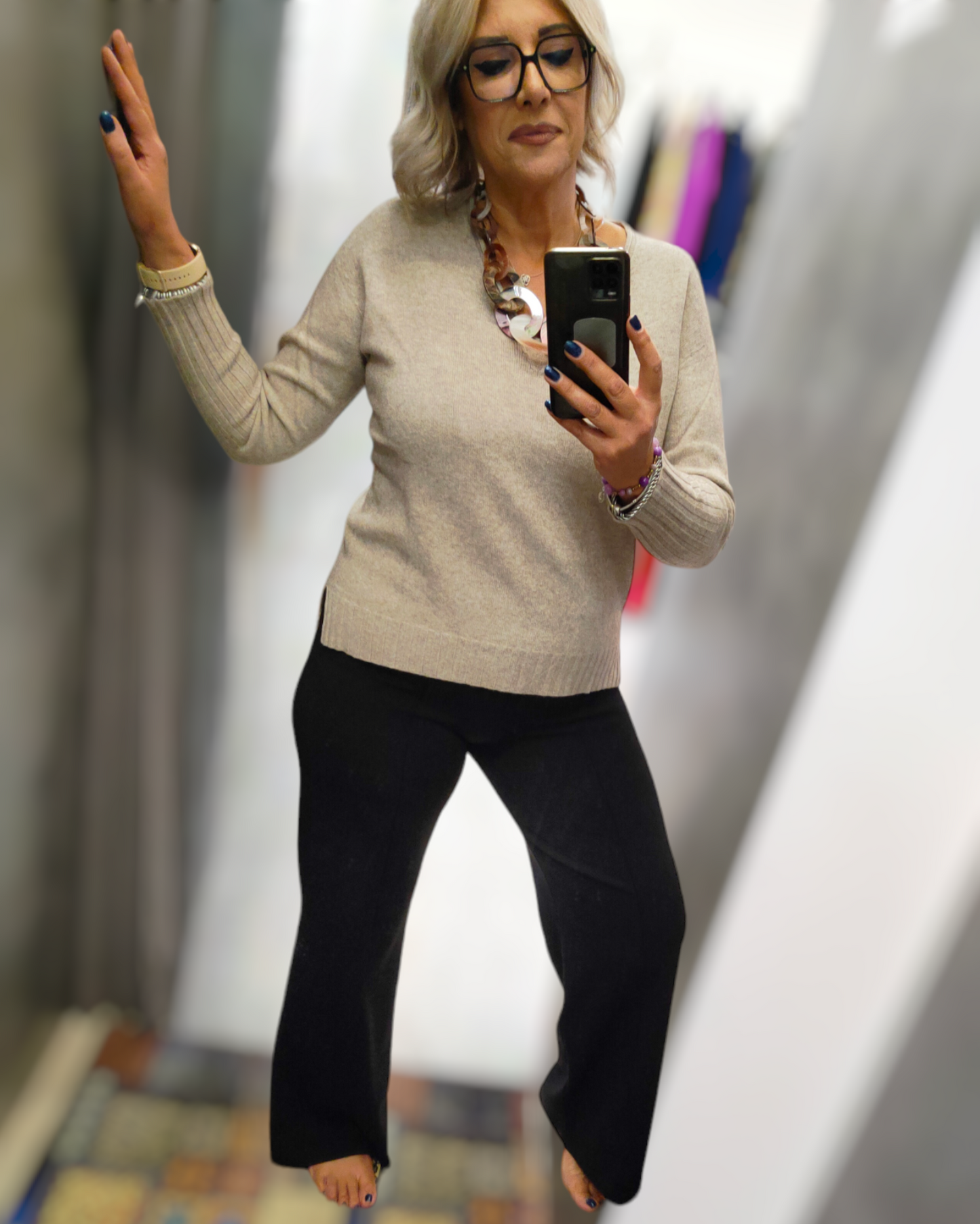 Pantalone Nero Donna Palazzo con Cucitura sulla Piega Cintura Alta