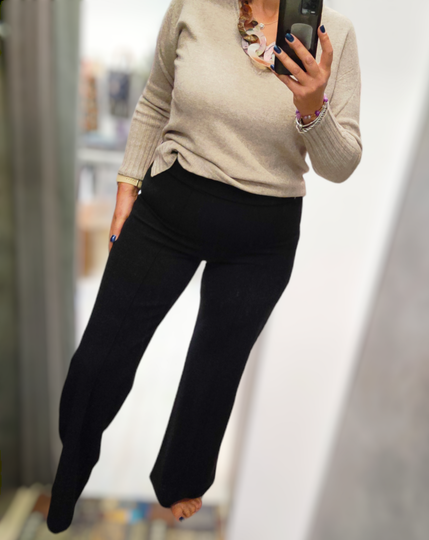 Pantalone Nero Donna Palazzo con Cucitura sulla Piega Cintura Alta