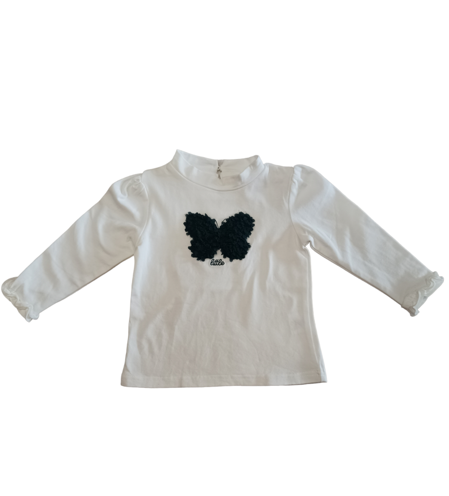 T-Shirt Bianca Felpata in Cotone con Farfalla Blu in Rilievo Collo a Lupetto Ativo Kids Bambina 12-36 Mesi
