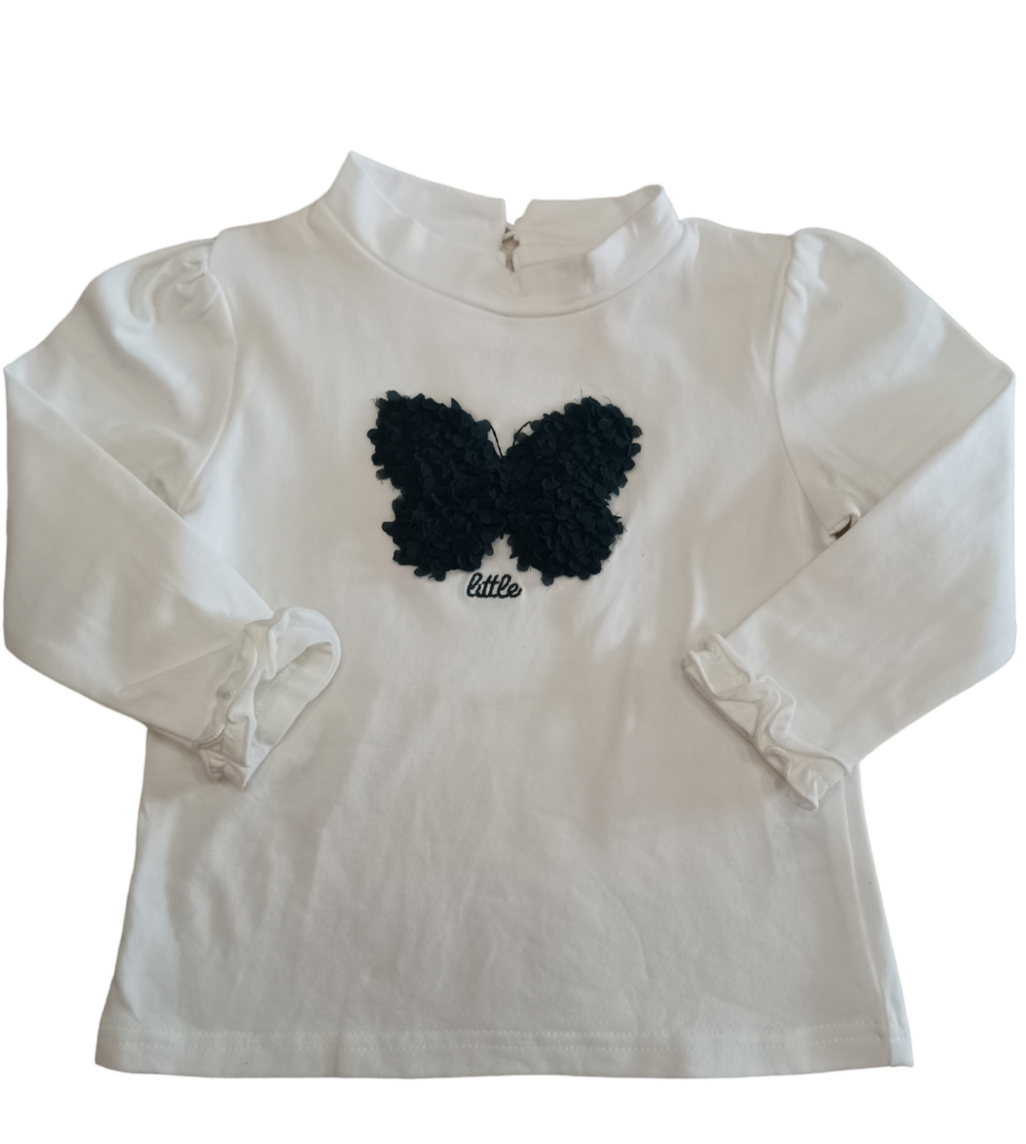 T-Shirt Bianca Felpata in Cotone con Farfalla Blu in Rilievo Collo a Lupetto Ativo Kids Bambina 12-36 Mesi