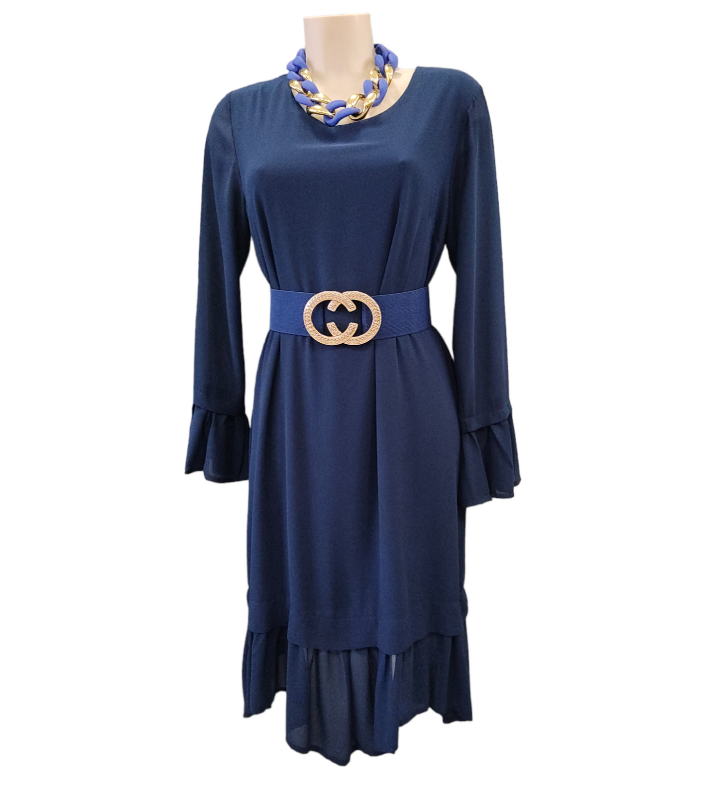 Abito Donna Midi Blu in Crepe e Viscosa con Balza di Rifinitura sulle Maniche