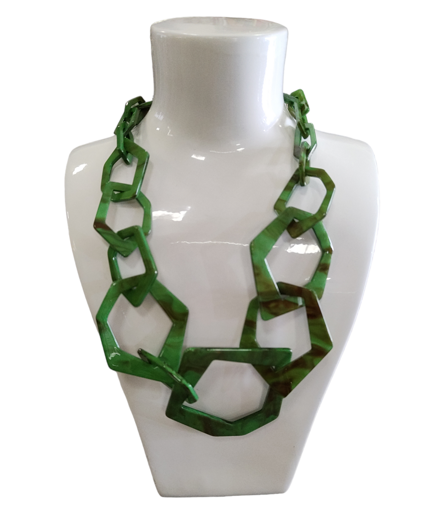 Collana Donna in Resina Verde con Cerchi Irregolari e Venature Cammello Cm. 60
