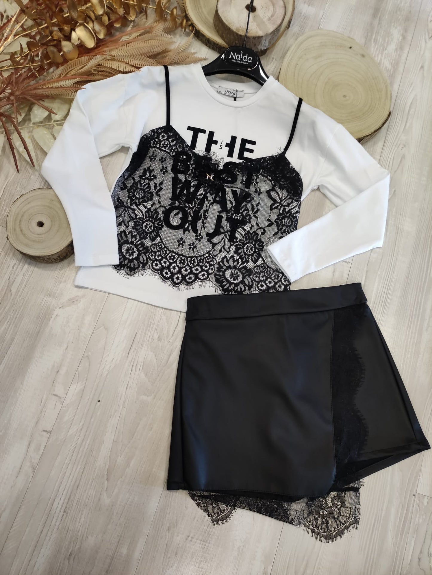 T-Shirt Bianca a Maniche Lunghe con Top Cucito in Pizzo Nero Naida Ragazza Taglie 34-44