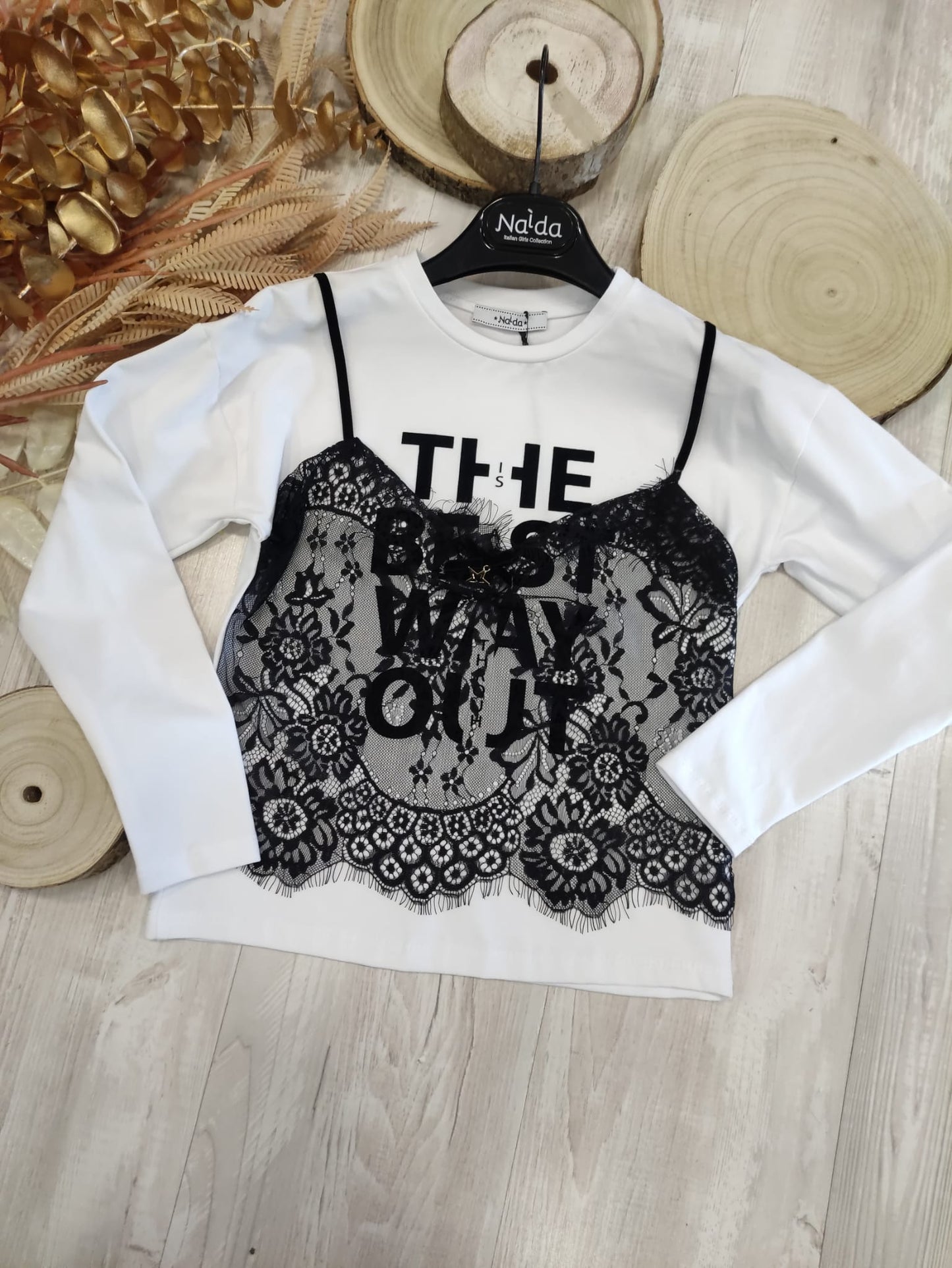 T-Shirt Bianca a Maniche Lunghe con Top Cucito in Pizzo Nero Naida Ragazza Taglie 34-44