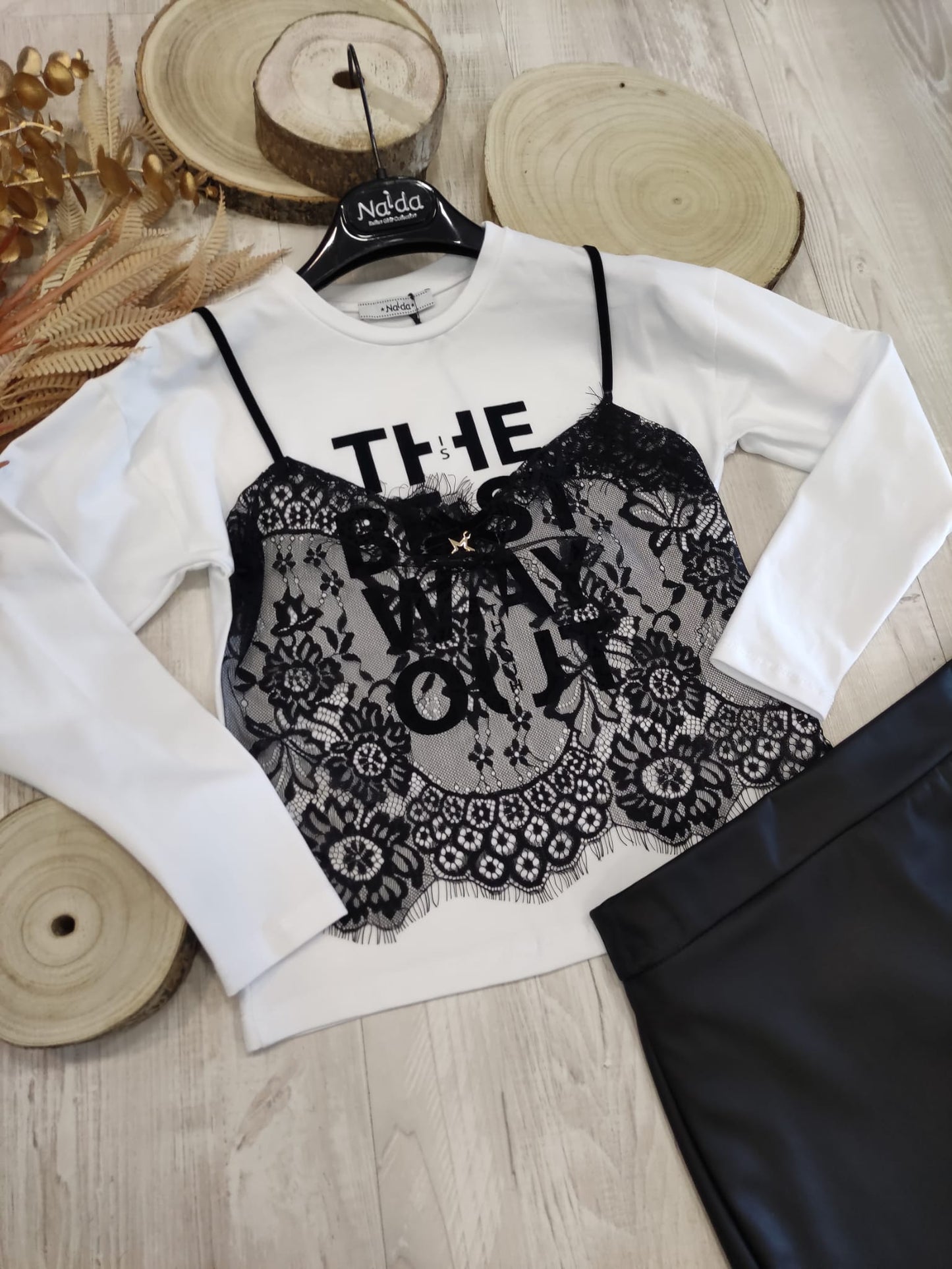 T-Shirt Bianca a Maniche Lunghe con Top Cucito in Pizzo Nero Naida Ragazza Taglie 34-44