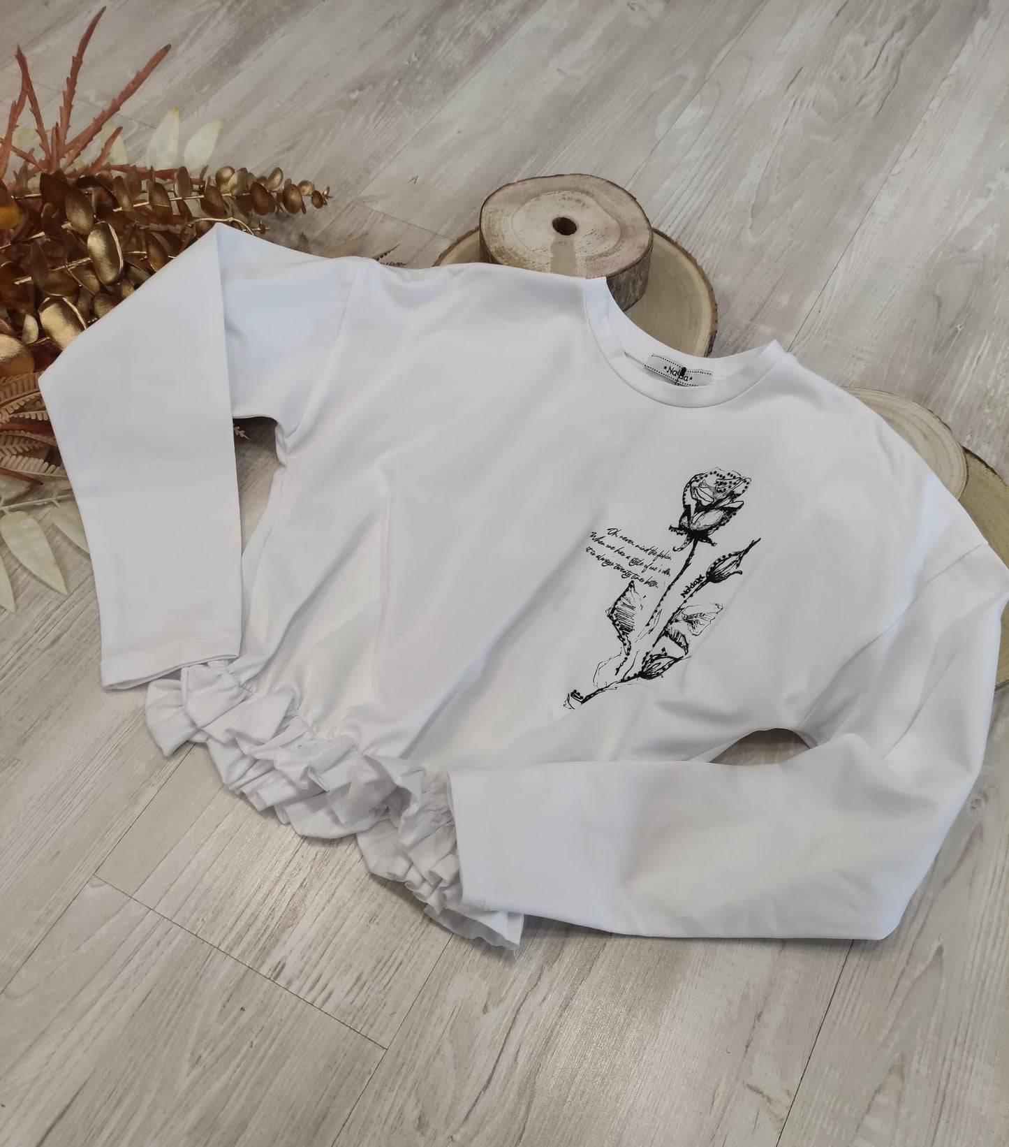 T-Shirt Bianca Cropped a Manica Lunga Arricciata Sotto in Vita Naida Ragazza Taglie 34-44