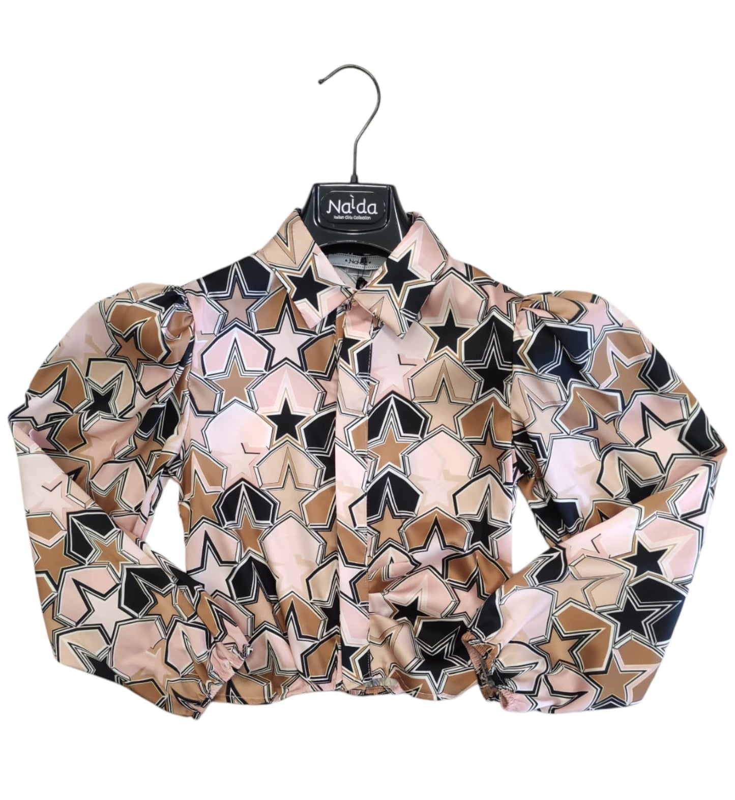 Camicia Cropped Fantasia Stelle Rosa Cammello e Nero Naida Ragazza Taglie 34-44
