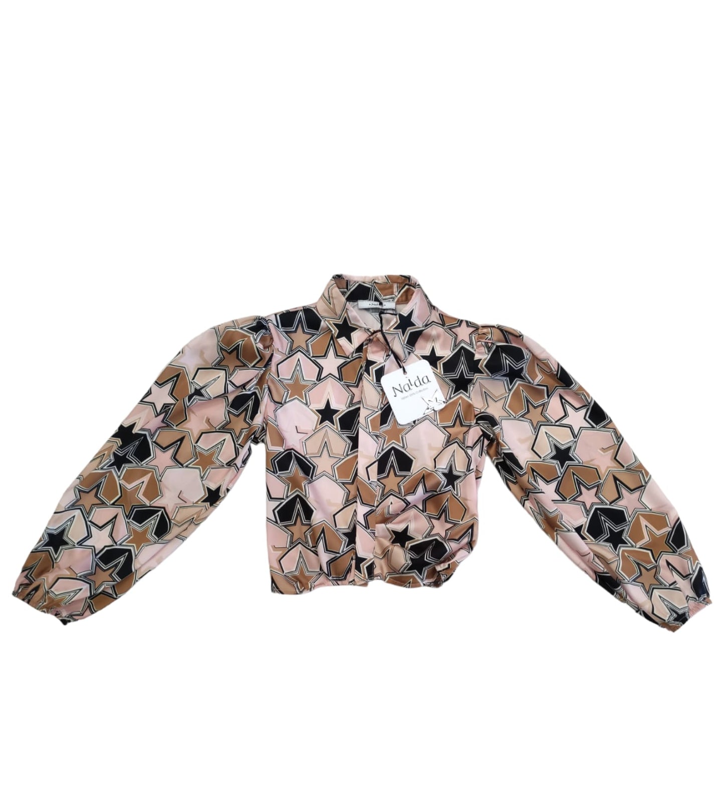 Camicia Cropped Fantasia Stelle Rosa Cammello e Nero Naida Ragazza Taglie 34-44