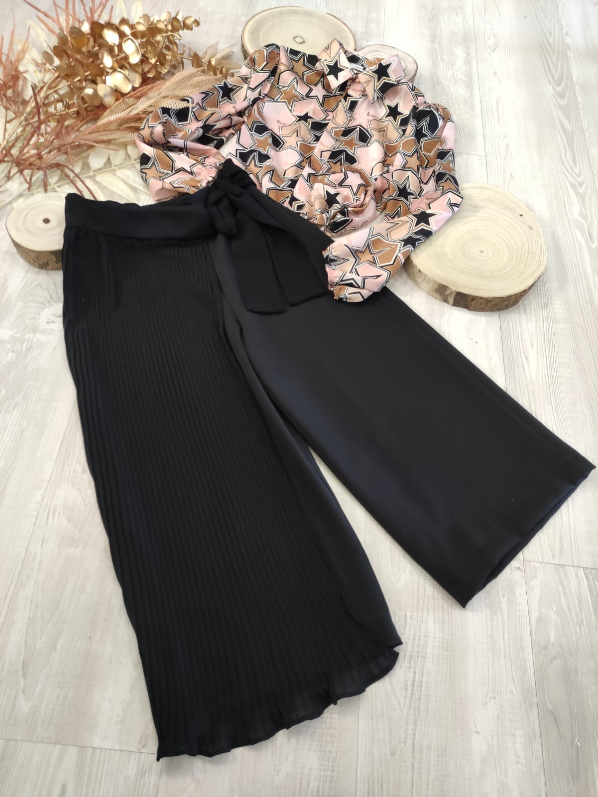 Pantalone Palazzo Nero Cropped Metà Plissettato Con Fiocco in Vita Ragazza Taglie 34-44
