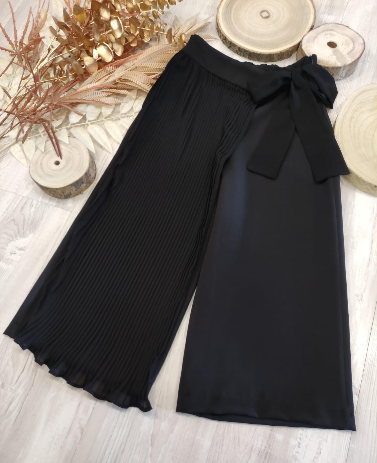 Pantalone Palazzo Nero Cropped Metà Plissettato Con Fiocco in Vita Ragazza Taglie 34-44