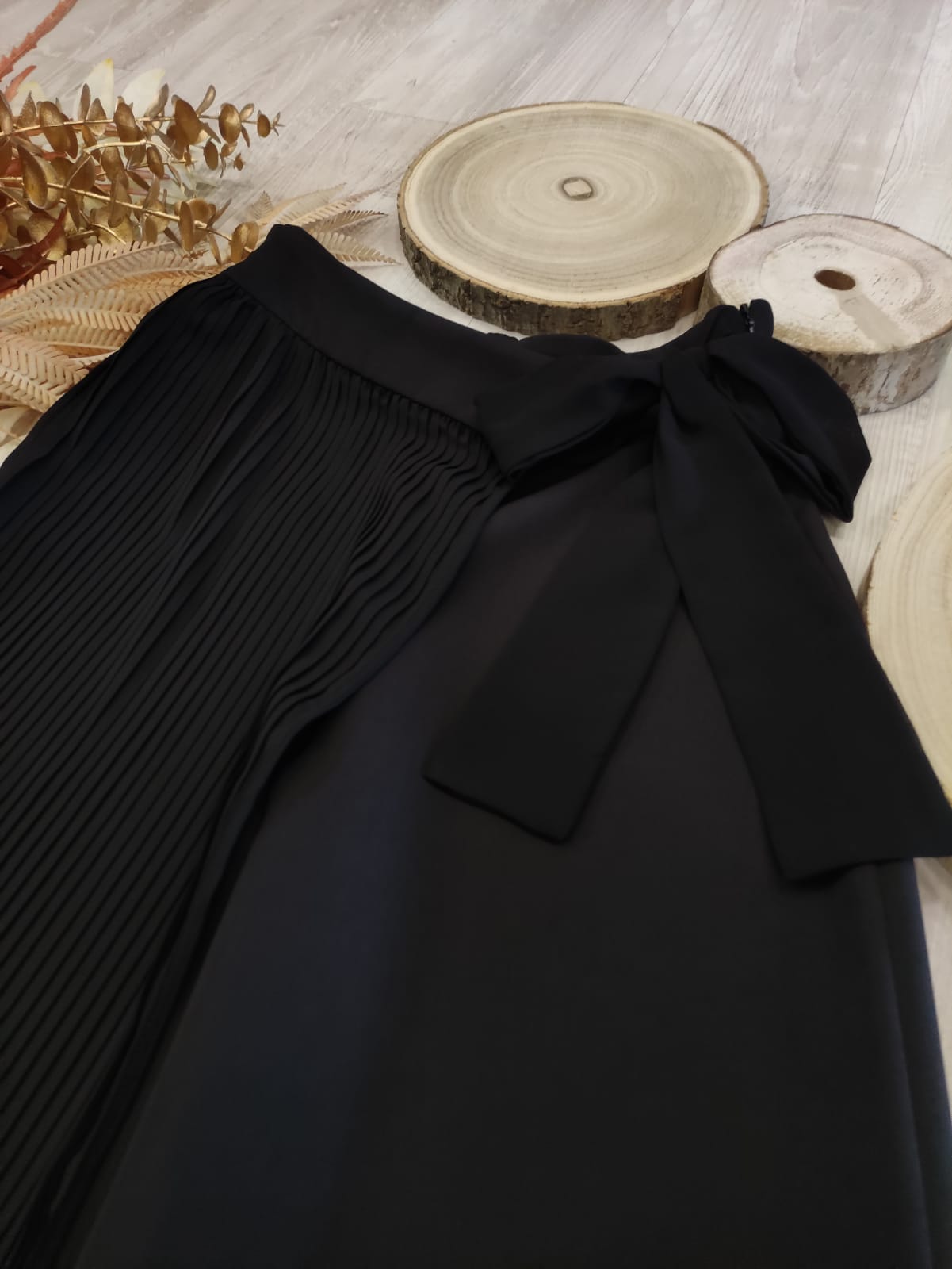 Pantalone Palazzo Nero Cropped Metà Plissettato Con Fiocco in Vita Ragazza Taglie 34-44