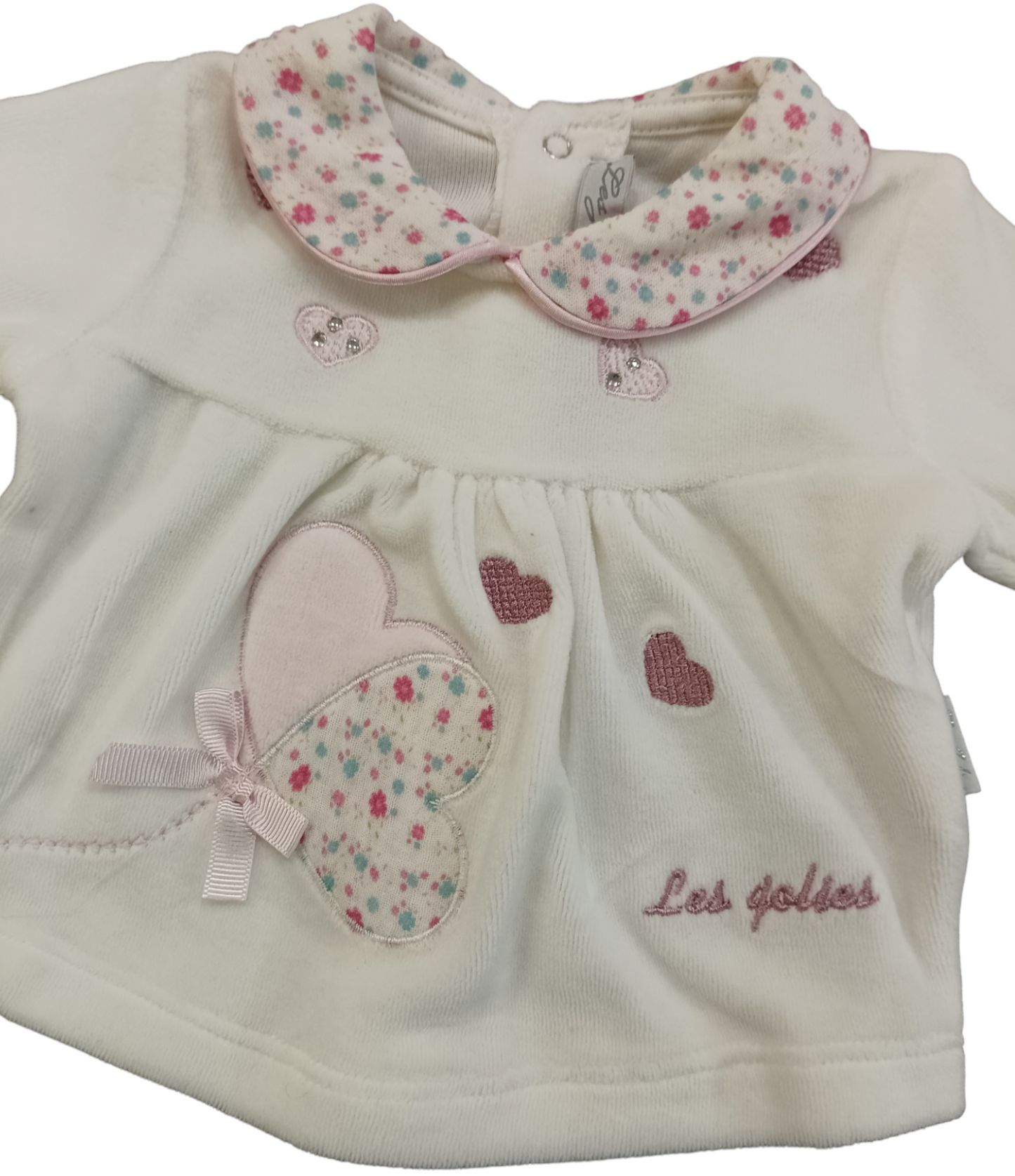 Clinico Neonata in Ciniglia Color Panna con Colletto e Ricami Fantasia Floreale Les Jolies Taglia 1/3 Mesi