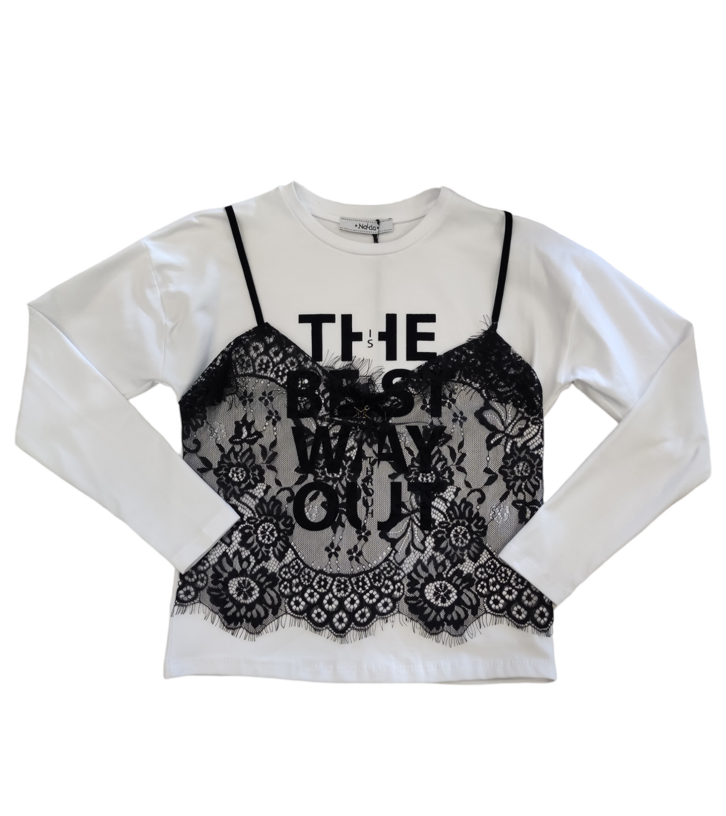 T-Shirt Bianca a Maniche Lunghe con Top Cucito in Pizzo Nero Naida Ragazza Taglie 34-44