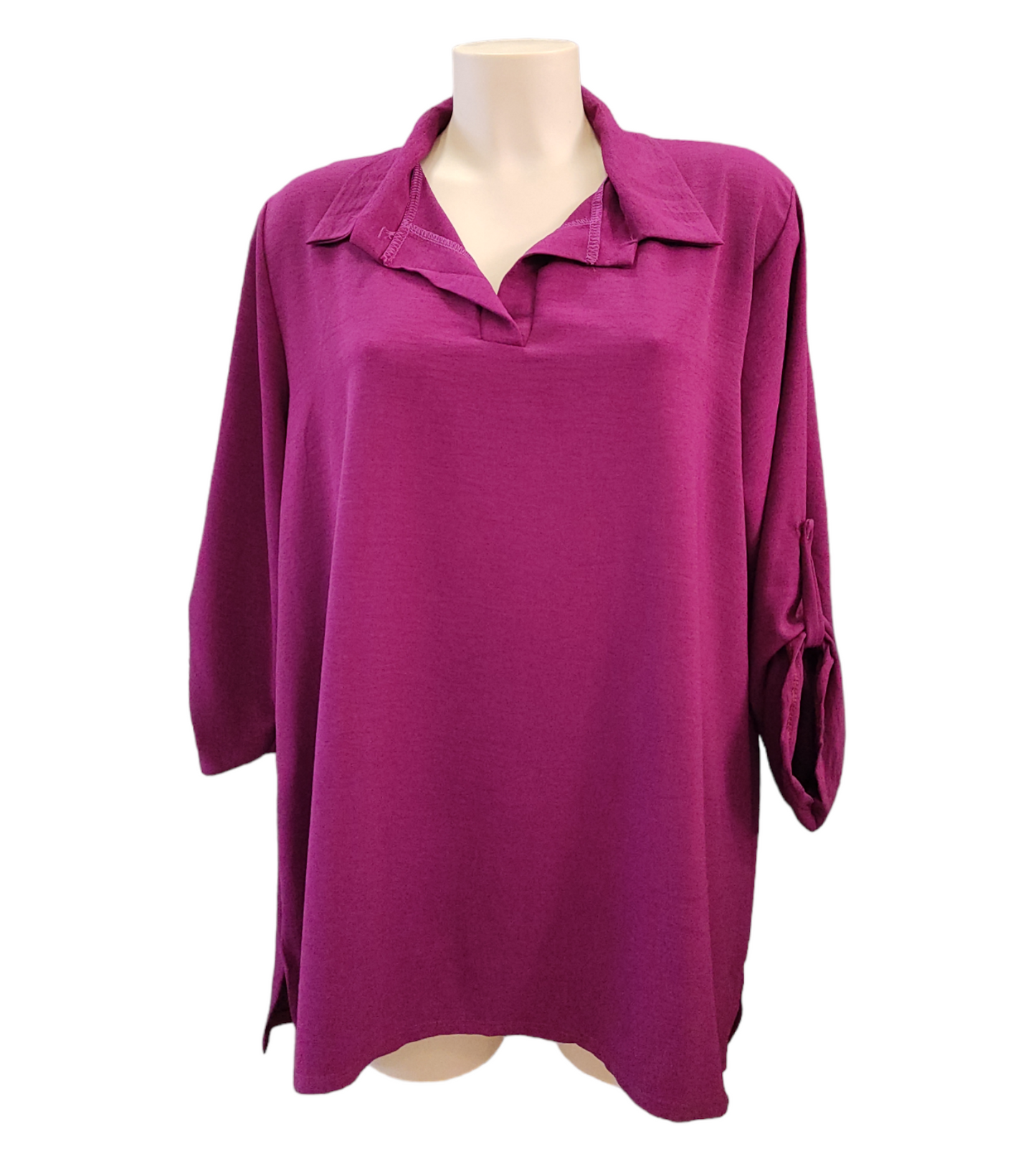 Camicia Casacca Donna Ciclamino con Ampio Collo e Scollatura a V Manica Lunga e Laccetto per Manica a 3/4