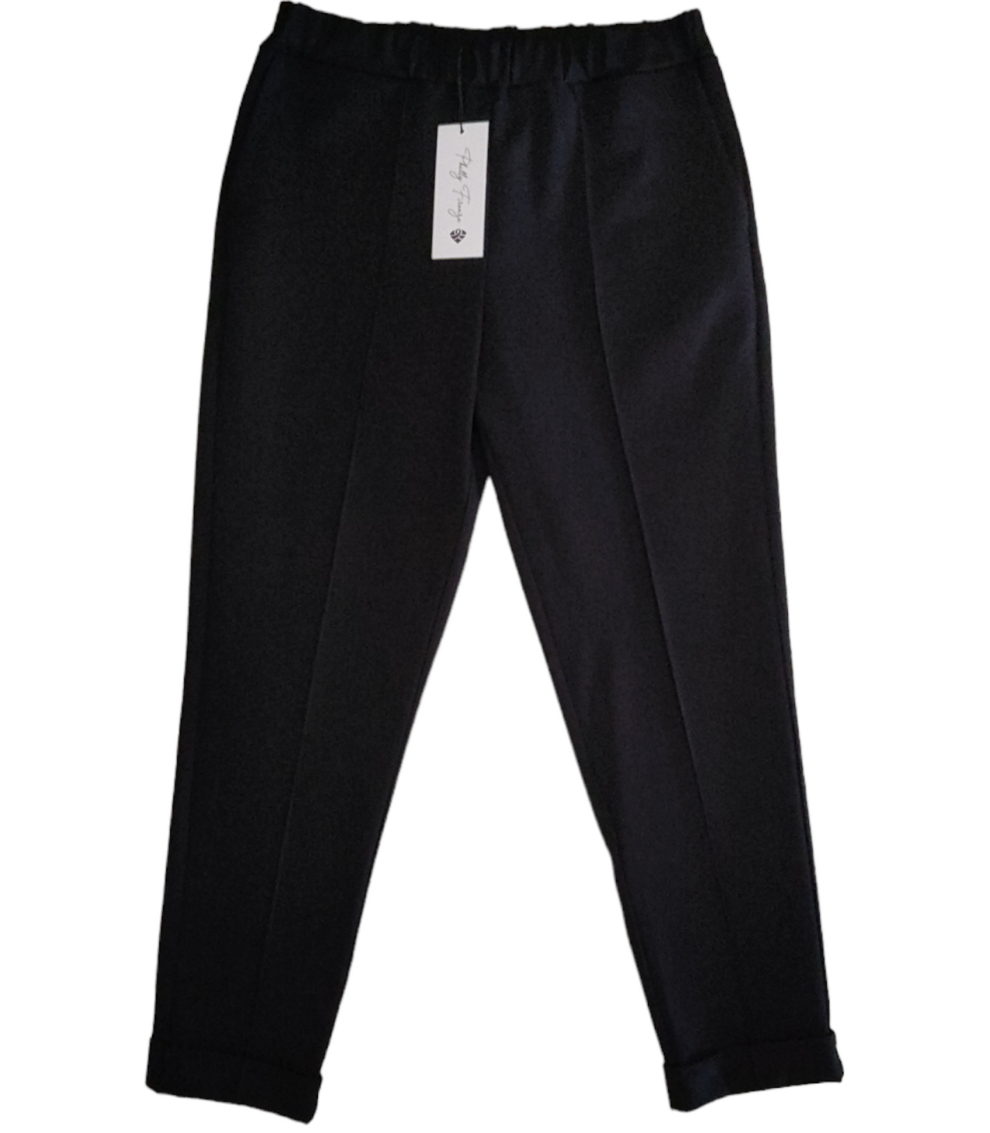 Pantalone Donna Nero in Tessuto Punto Milano Elasticizzato con Elastico in Vita, Tasche a Filetto e Risvoltino