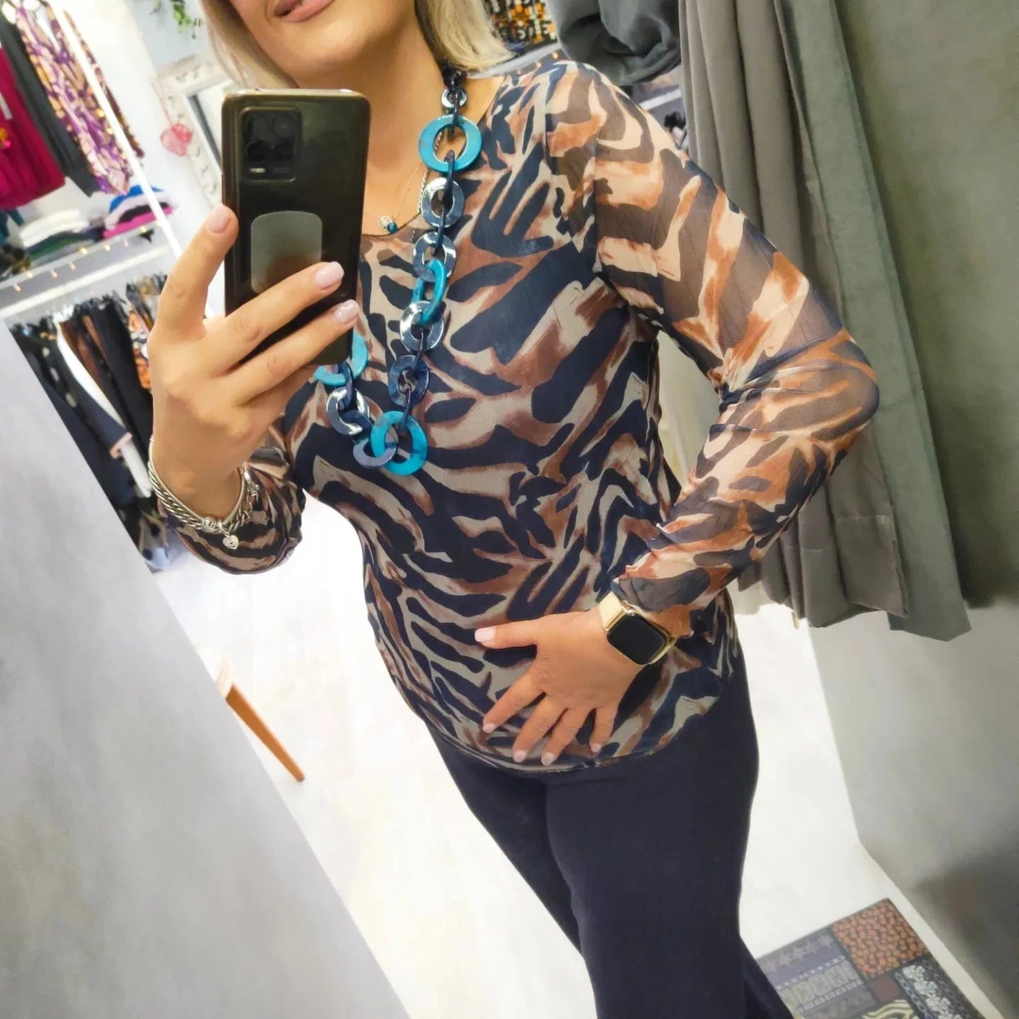 Maglietta Donna in Tulle Manica Lunga Foderata in Viscosa Fantasia Blu e Cammello