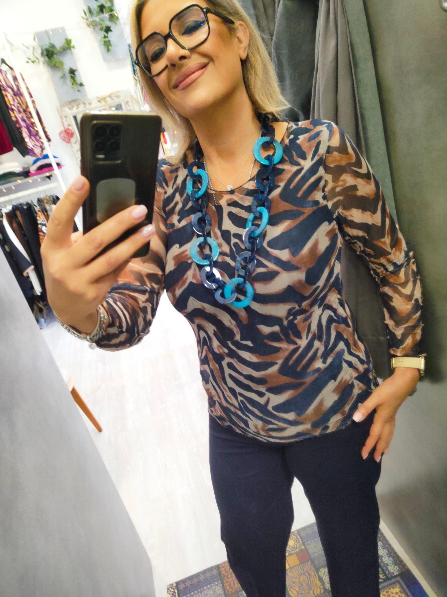Maglietta Donna in Tulle Manica Lunga Foderata in Viscosa Fantasia Blu e Cammello