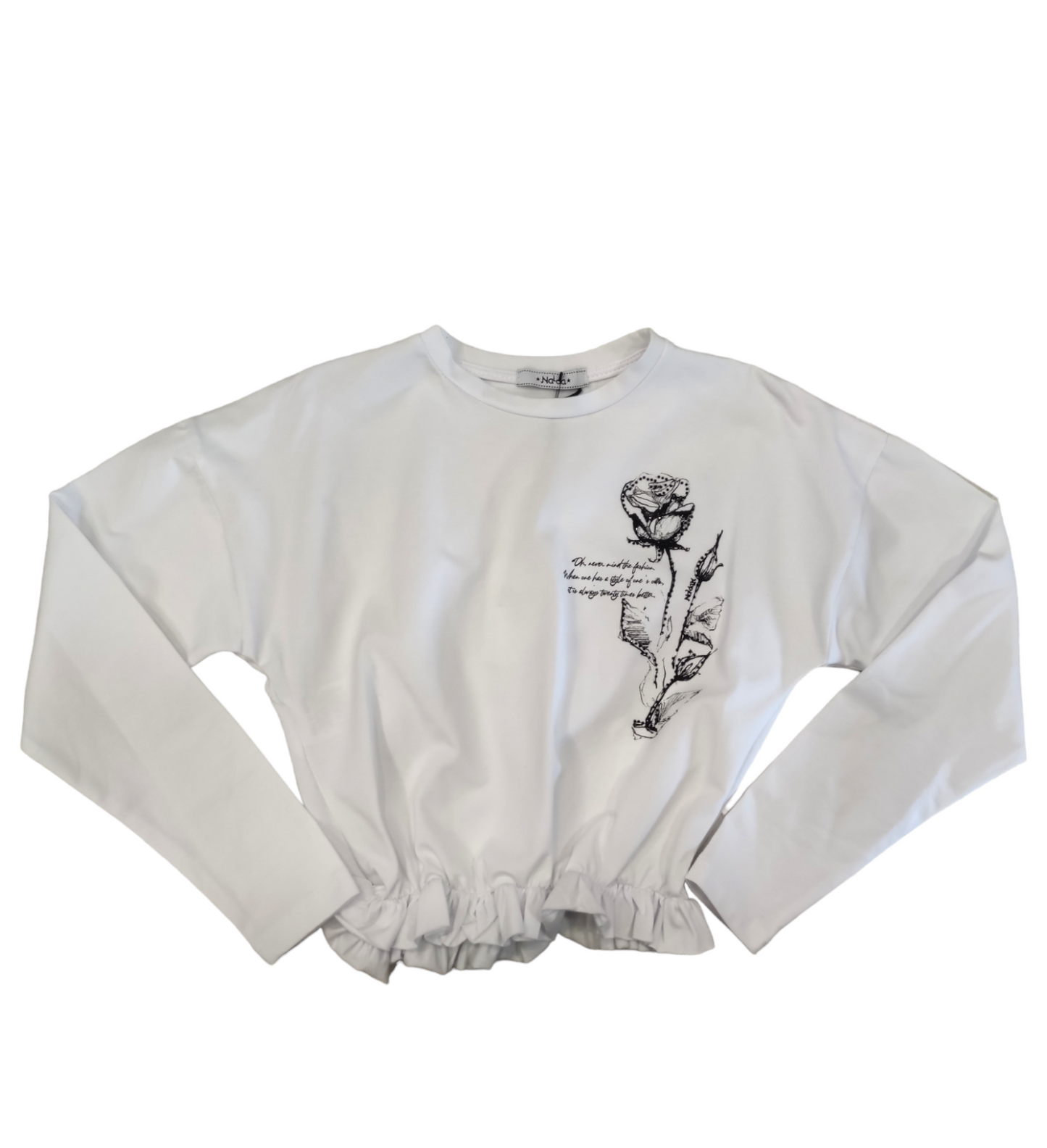 T-Shirt Bianca Cropped a Manica Lunga Arricciata Sotto in Vita Naida Ragazza Taglie 34-44