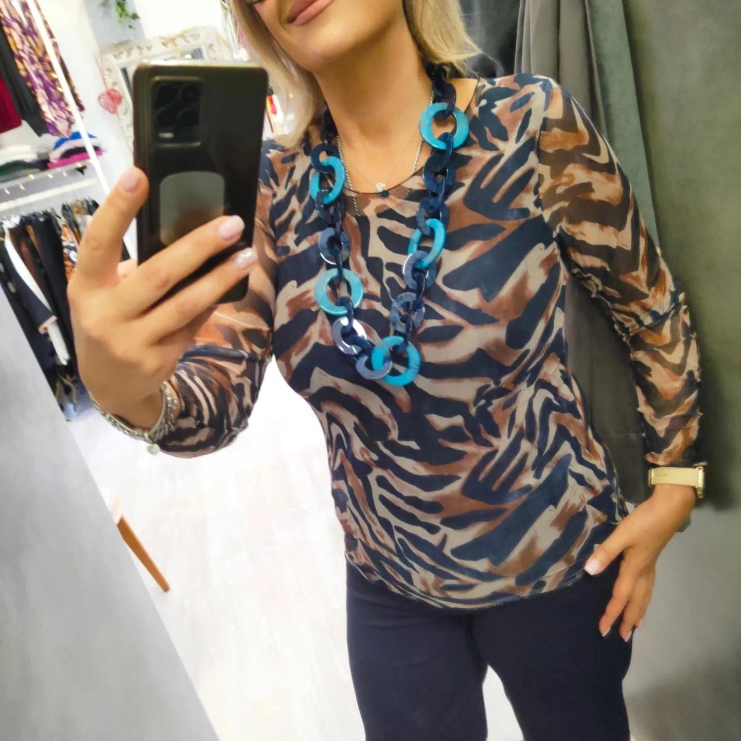 Maglietta Donna in Tulle Manica Lunga Foderata in Viscosa Fantasia Blu e Cammello