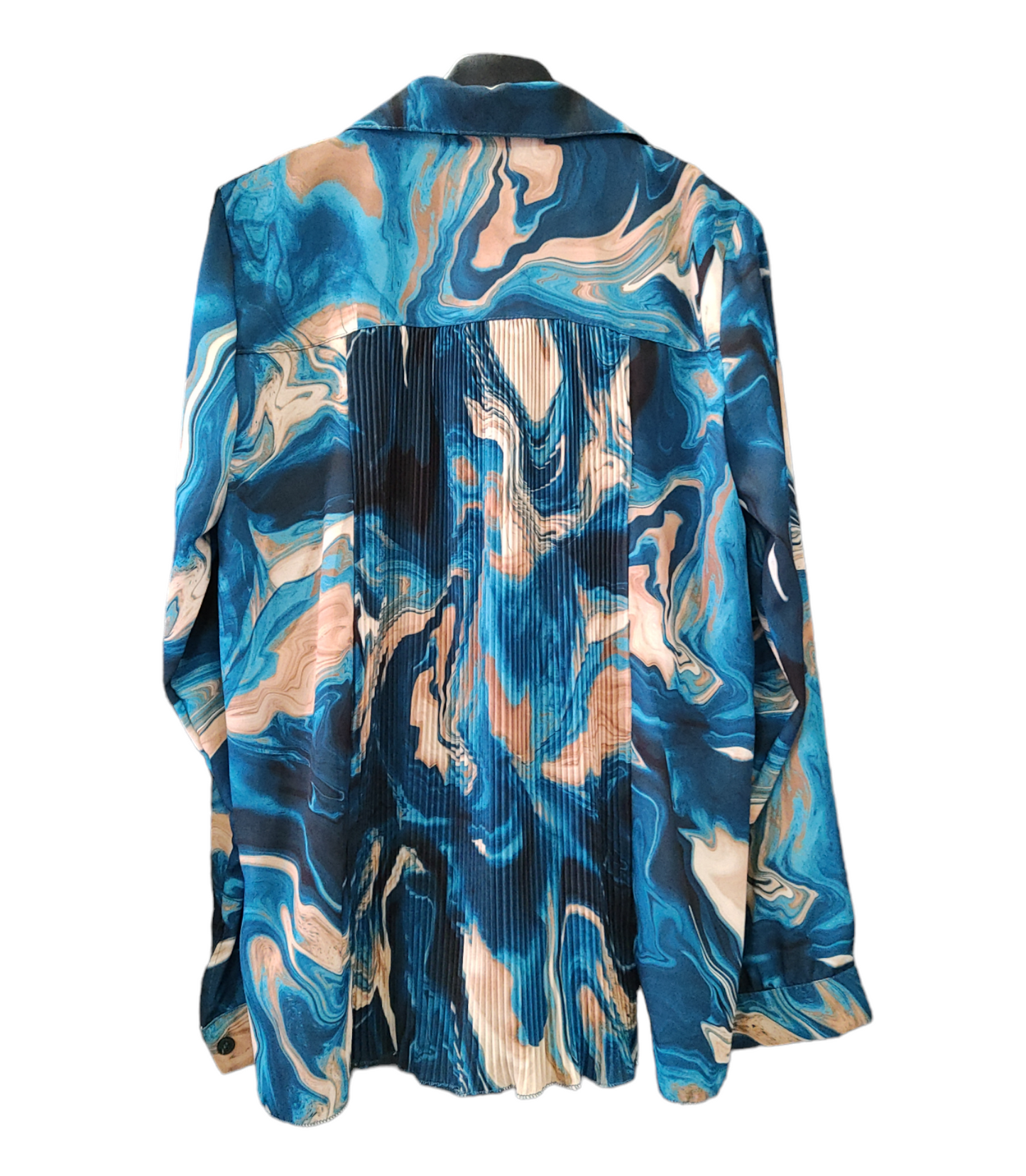 Camicia Donna in Fantasia Marmorizzata Petrolio e Blu con Inserti Plissé per una Ampia Vestibilità