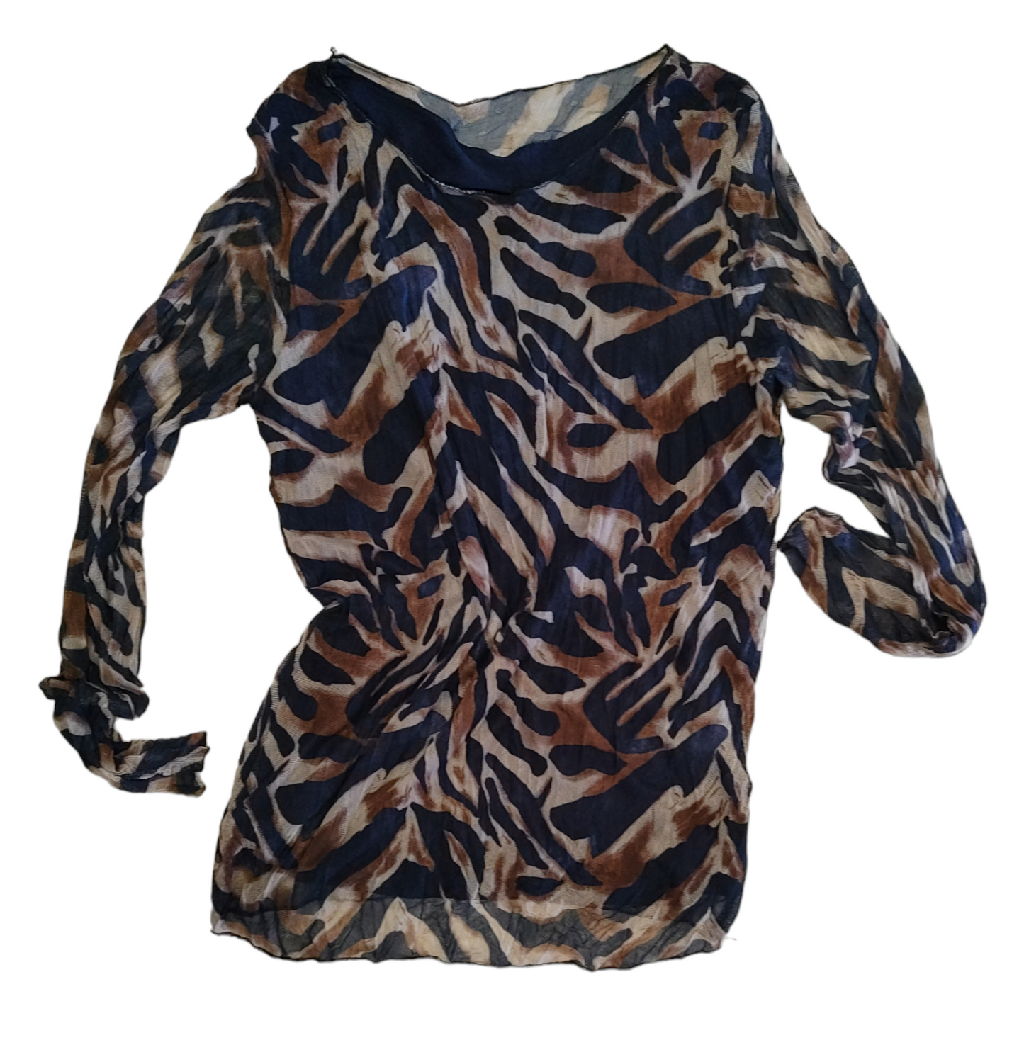 Maglietta Donna in Tulle Manica Lunga Foderata in Viscosa Fantasia Blu e Cammello