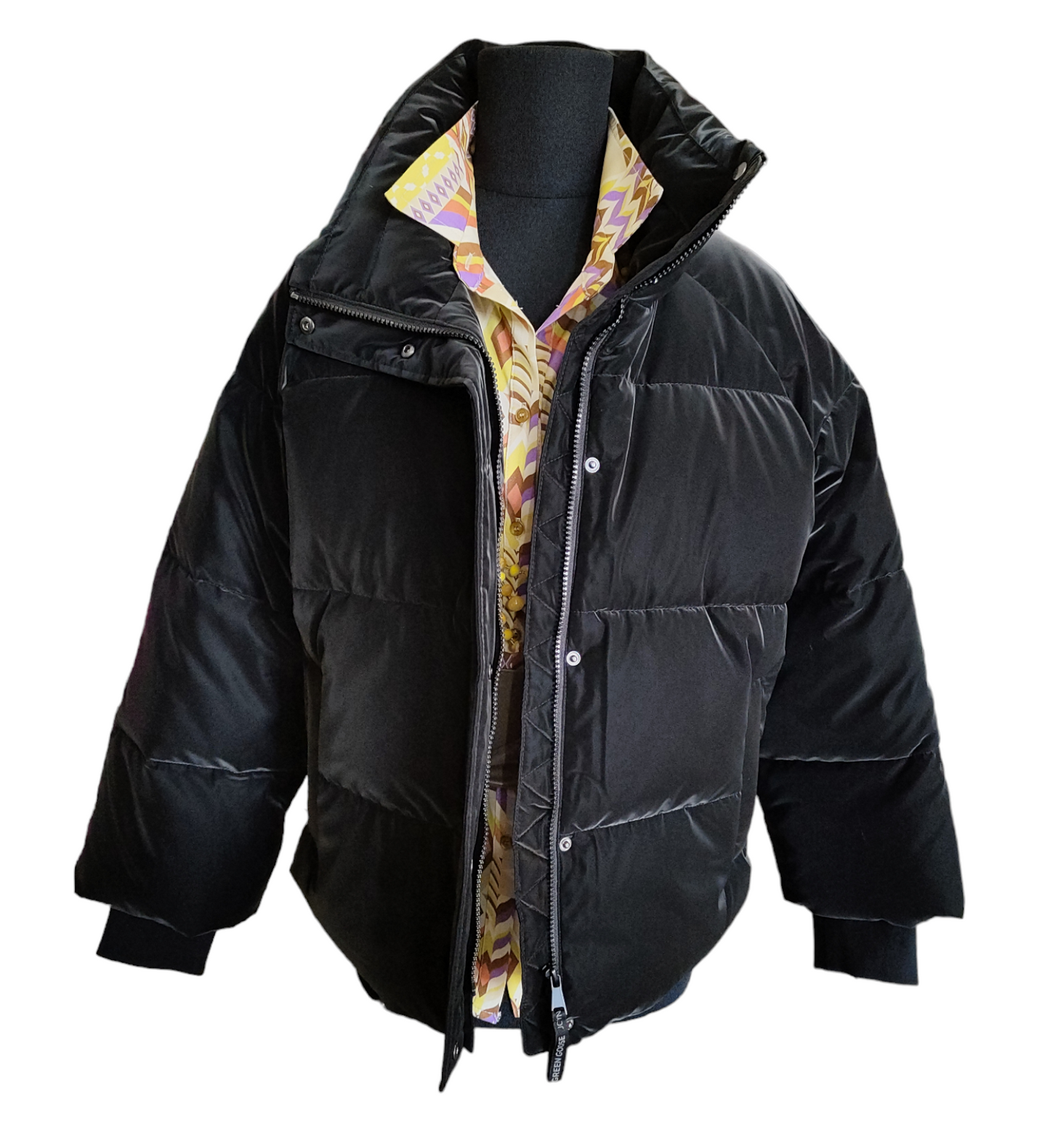 Piumino Donna Green Goose Nero Opaco Corto in Tessuto Impermeabile Manica con Polsino