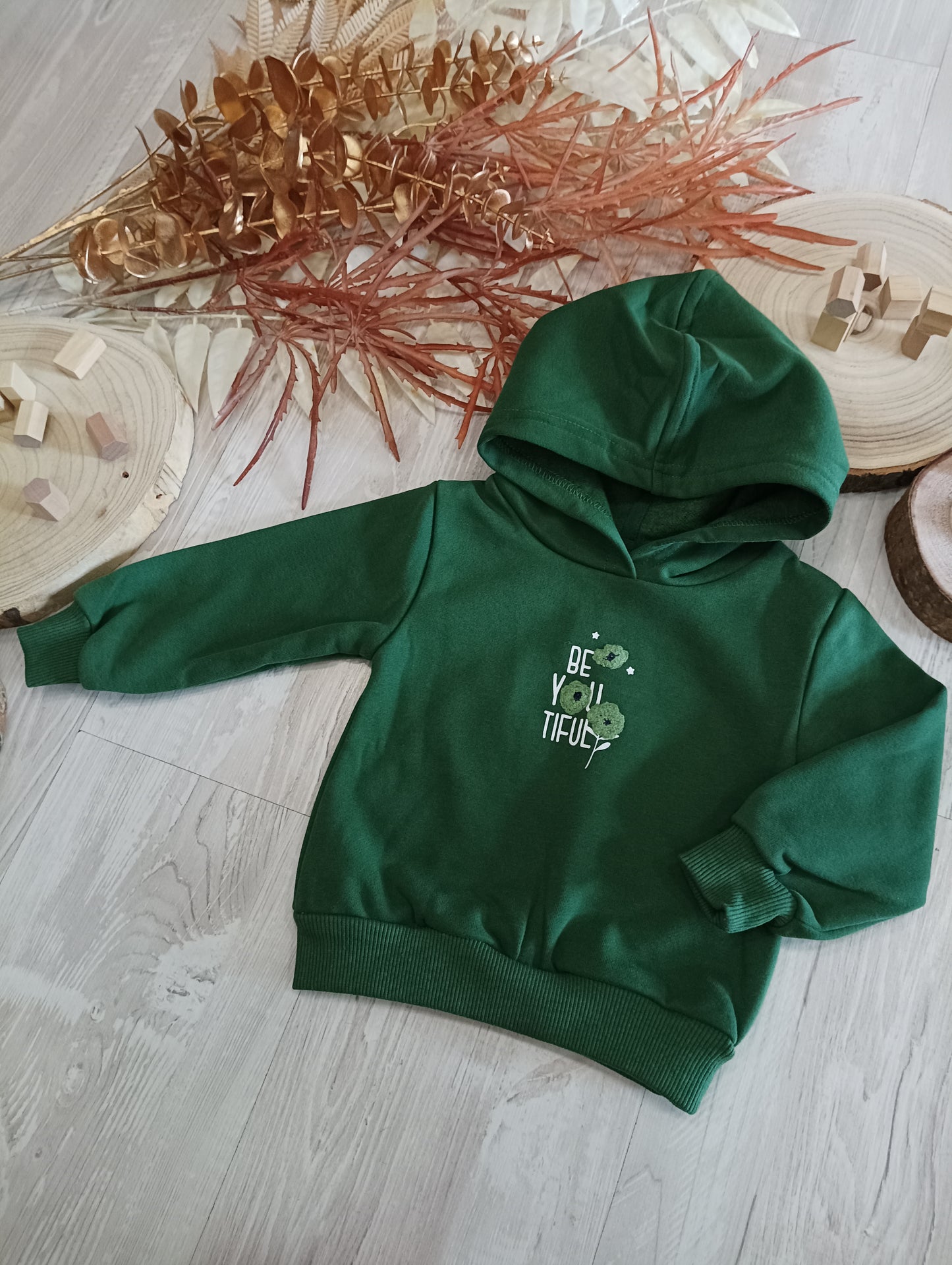 Felpa Colore Verde Bosco in Caldo Cotone con Cappuccio Ricamata Ativo Kids Bambina 12-36 Mesi