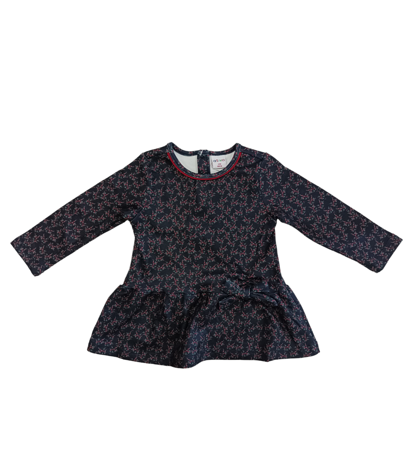 Vestitino Blu a Fantasia a Fiori Rossi e Verdi Tessuto Velluto Tagliato sui Fianchi con Fiocco Ativo Kids Bambina 12-36 mesi