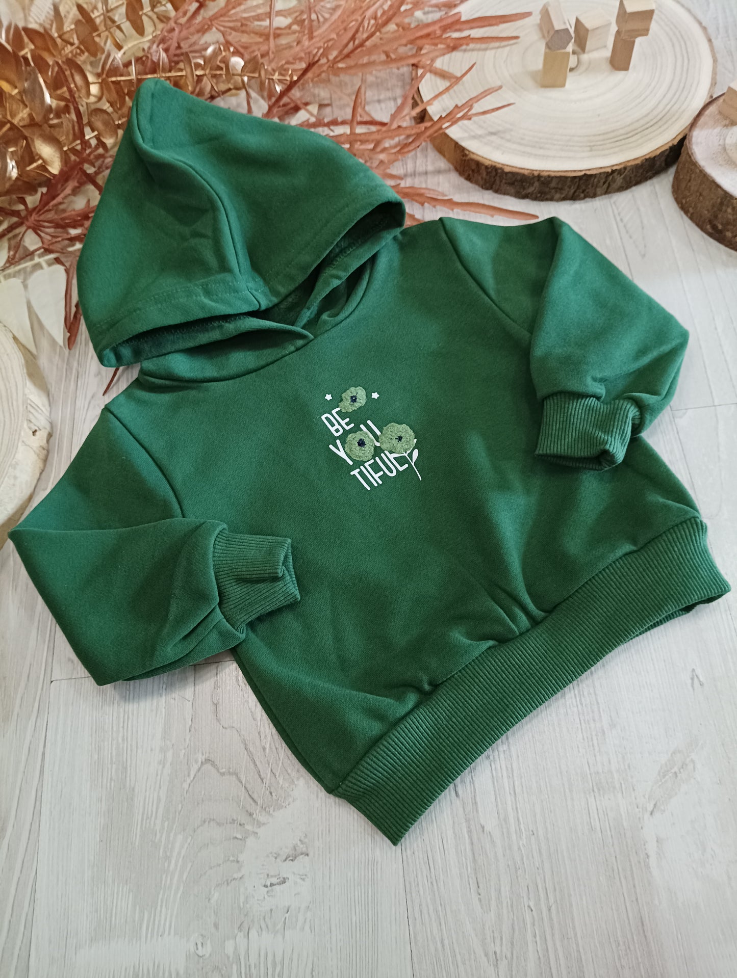 Felpa Colore Verde Bosco in Caldo Cotone con Cappuccio Ricamata Ativo Kids Bambina 12-36 Mesi