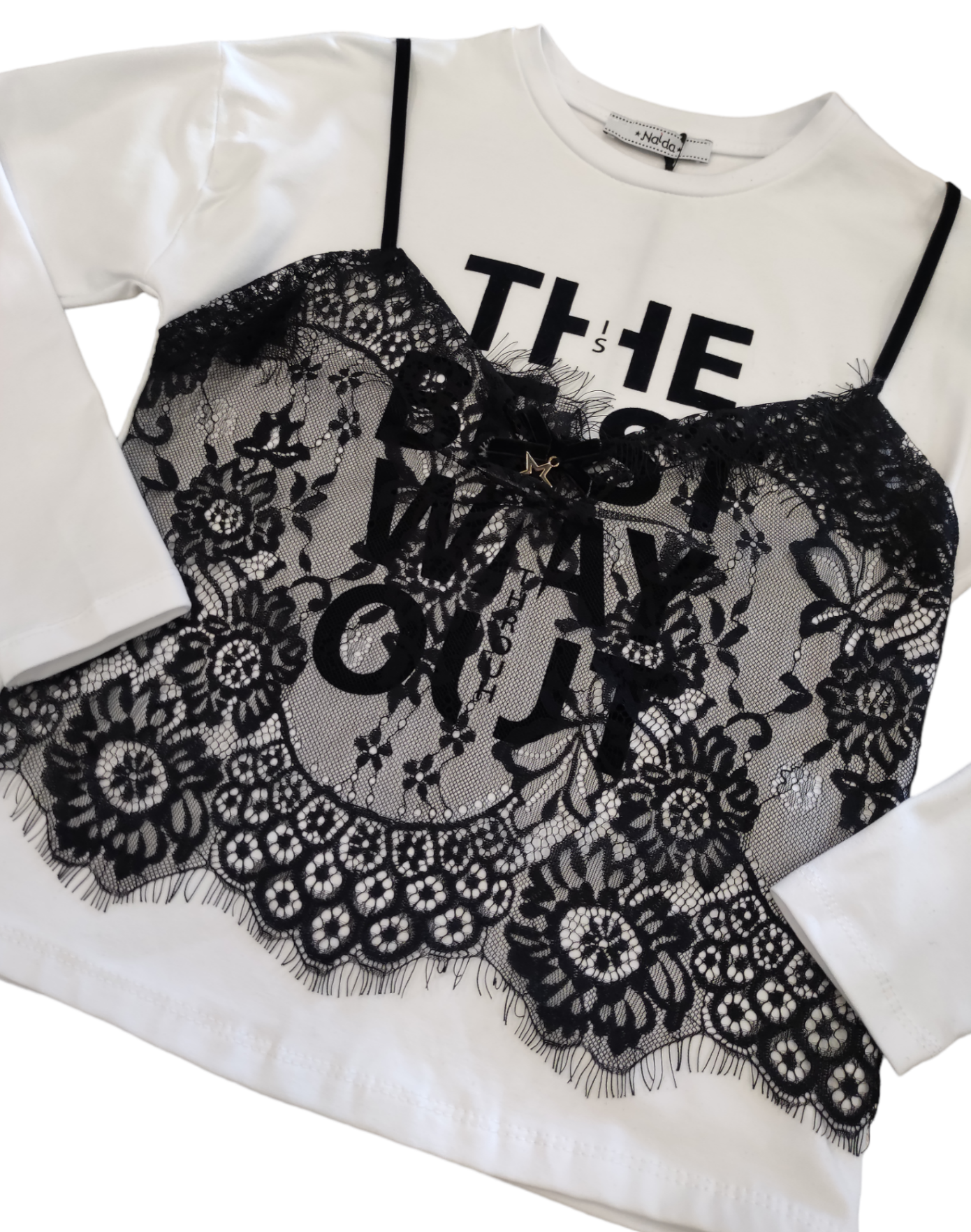 T-Shirt Bianca a Maniche Lunghe con Top Cucito in Pizzo Nero Naida Ragazza Taglie 34-44