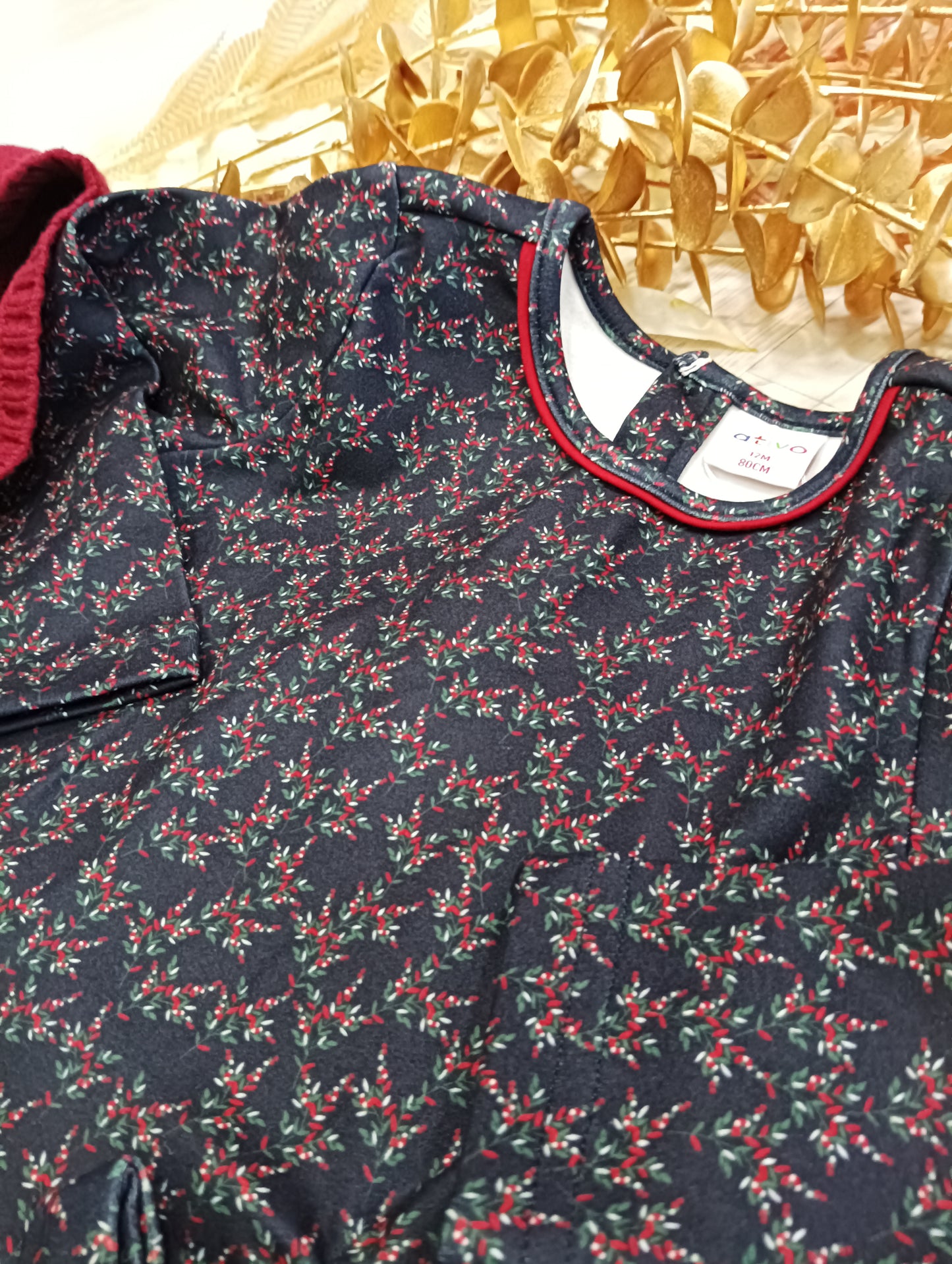 Vestitino Blu a Fantasia a Fiori Rossi e Verdi Tessuto Velluto Tagliato sui Fianchi con Fiocco Ativo Kids Bambina 12-36 mesi