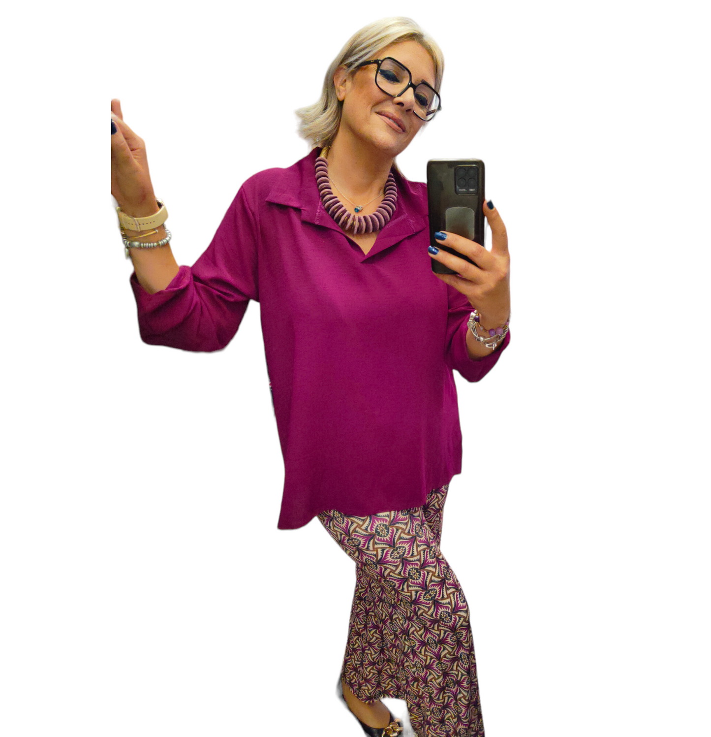 Camicia Casacca Donna Ciclamino con Ampio Collo e Scollatura a V Manica Lunga e Laccetto per Manica a 3/4