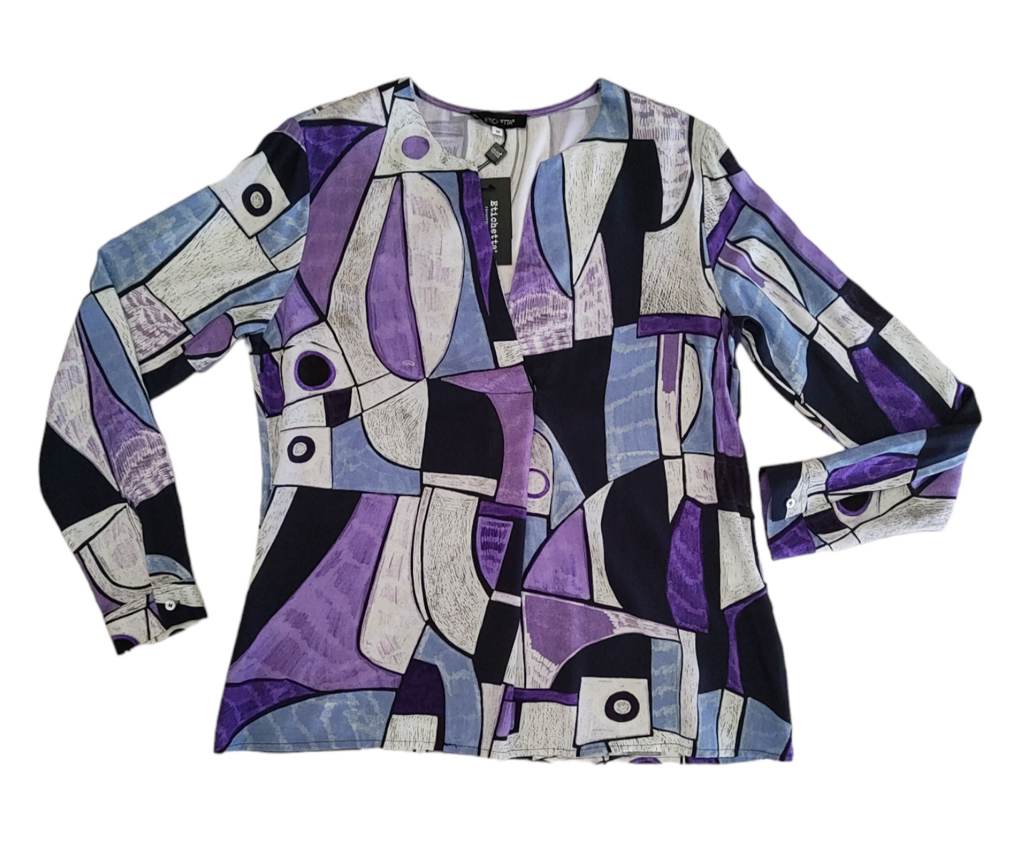 Blusa Donna Fantasia Picasso Viola in Viscosa a Manica Lunga con Scollatura a V