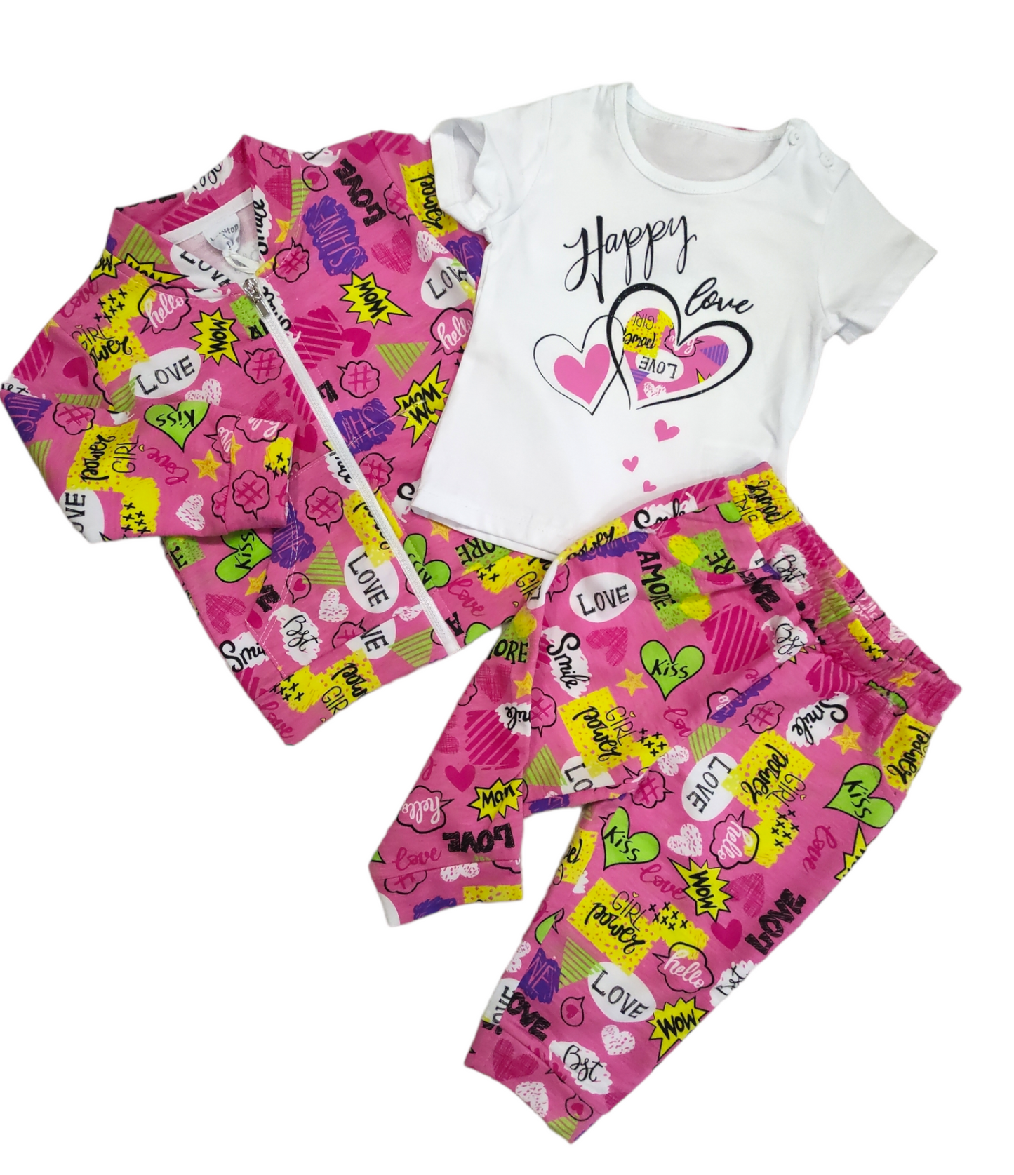 Tuta Primaverile Completa 3 Pezzi Felpa - T-shirt e Pantalone Bambina 12-36 Mesi