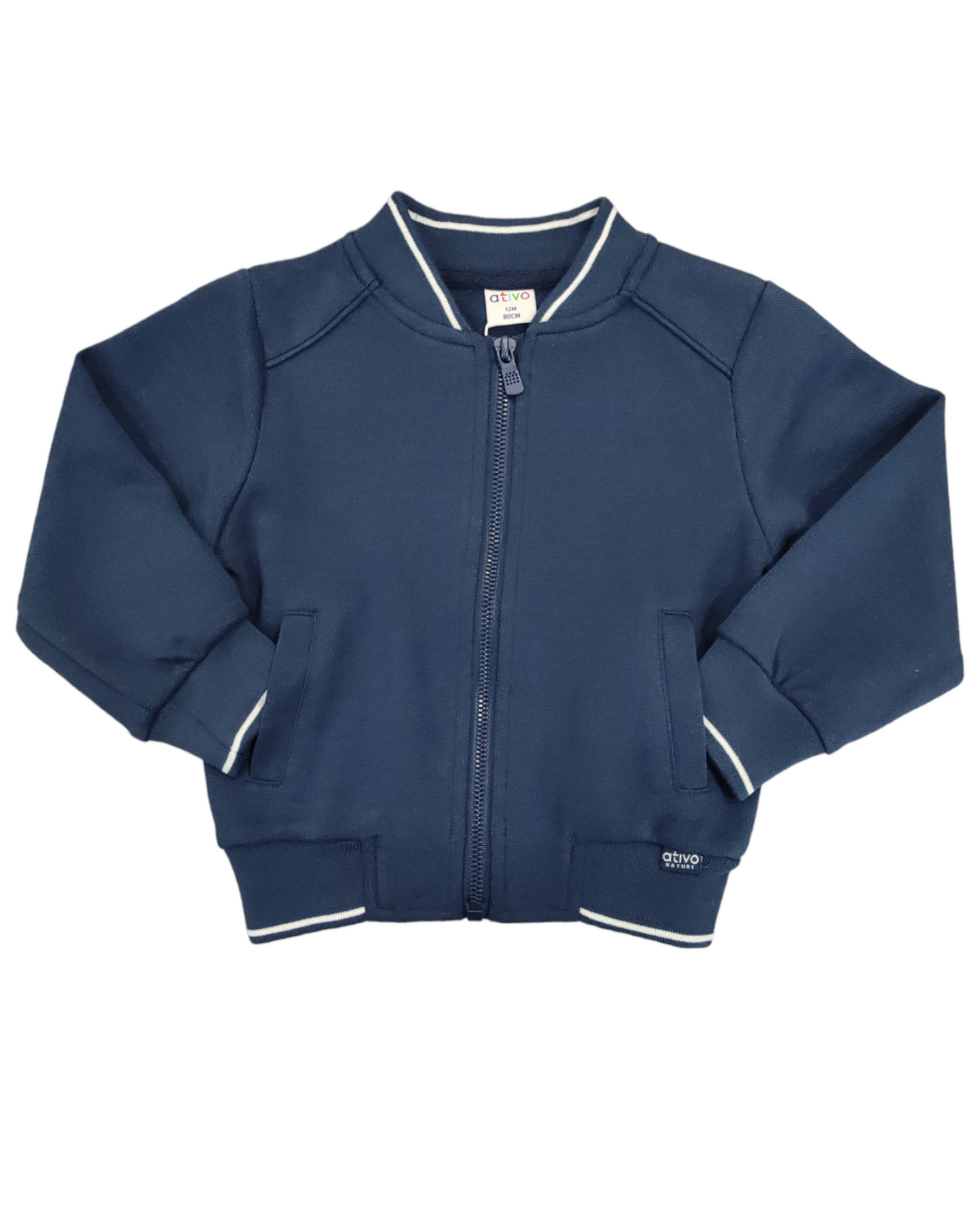 Felpa Girocollo Con Zip Garzata Primaverile Blu Tinta Unita Bambino 12-36 Mesi