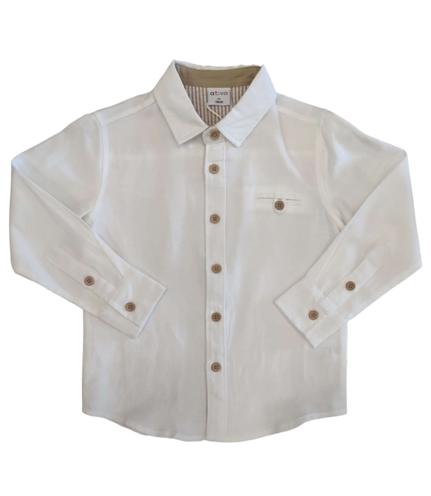 Camicia Bianca Primaverile in Lino Bottoni Beige Ativo Kids Bambino Ragazzo 4-16 Anni
