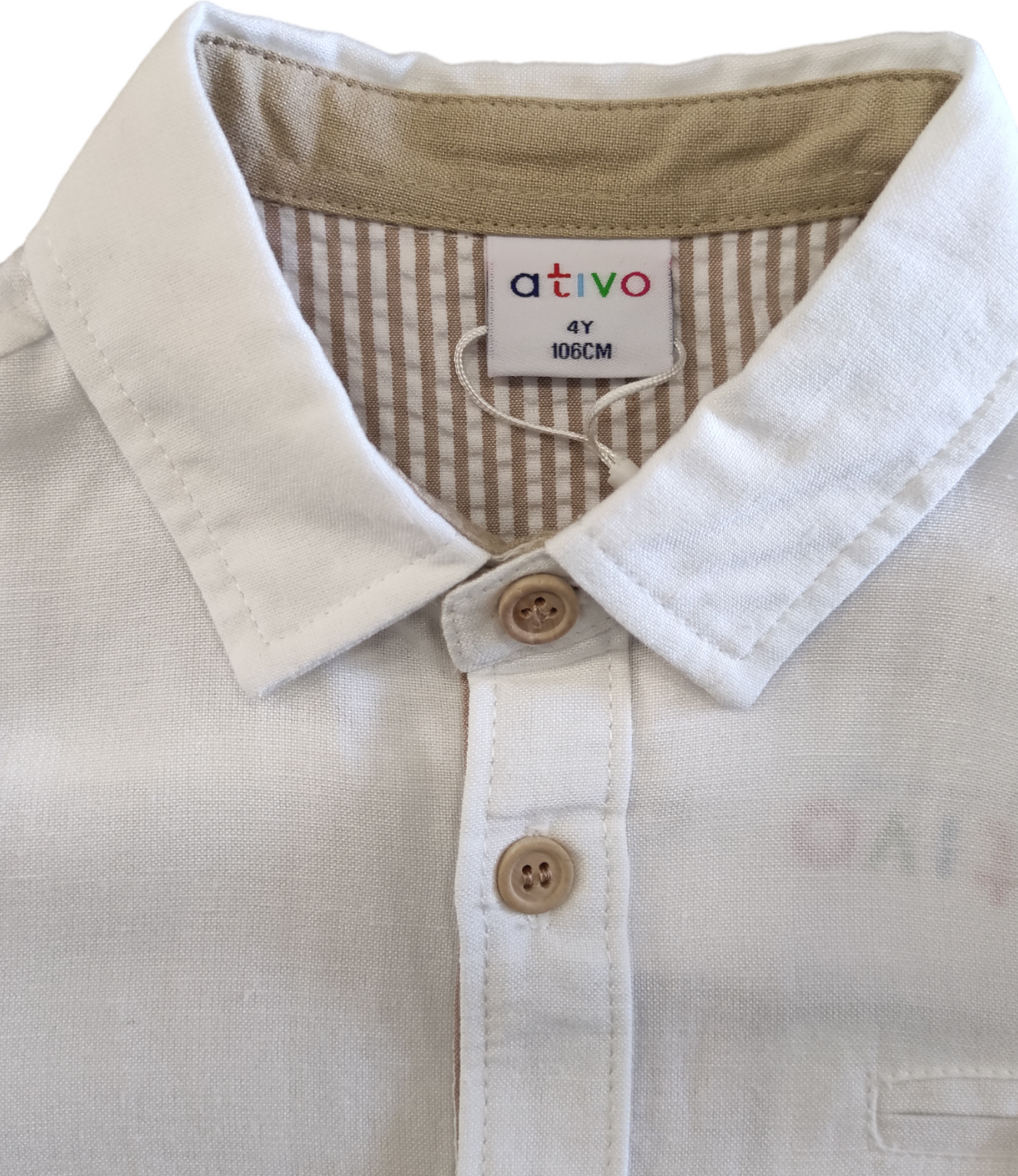 Camicia Bianca Primaverile in Lino Bottoni Beige Ativo Kids Bambino Ragazzo 4-16 Anni