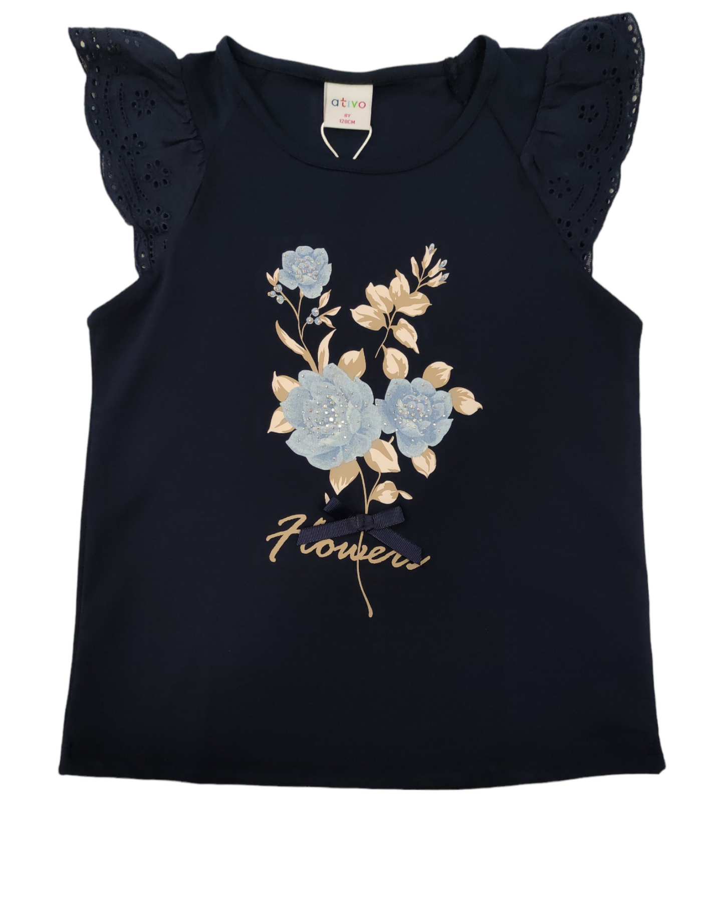 T-shirt Blu Maniche Lavorate con Pizzo Stampa Floreale Bambina/Ragazza 4-14 Anni